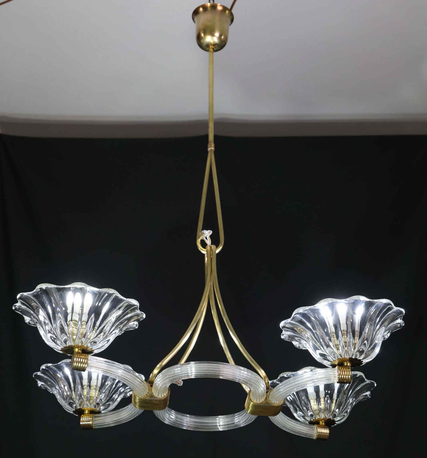 Extraordinary Art Deco Murano Glass And Bras Chandelier By Barovier E Toso, 1950 photo Lighting