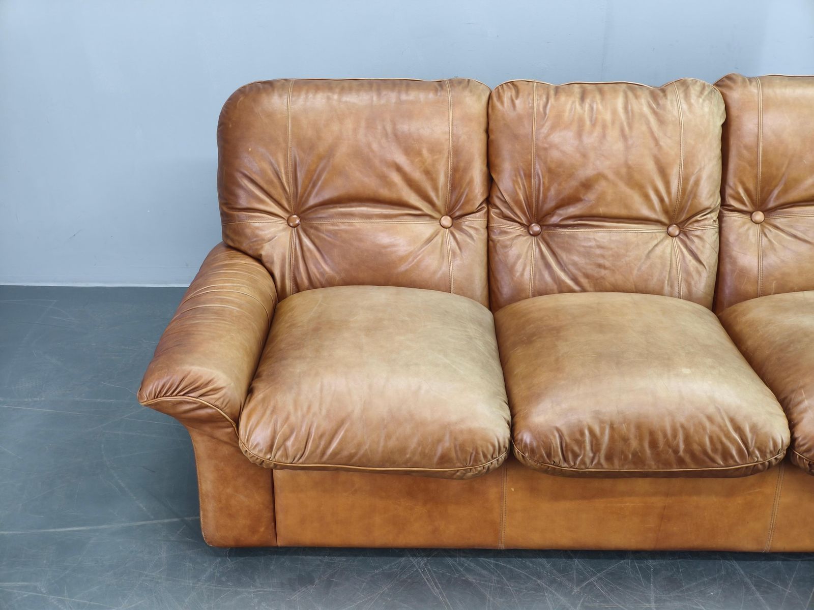 Jaren 1970 Arcon Italia Cognac Buffalo Leren Driezitsbank photo Meubels
