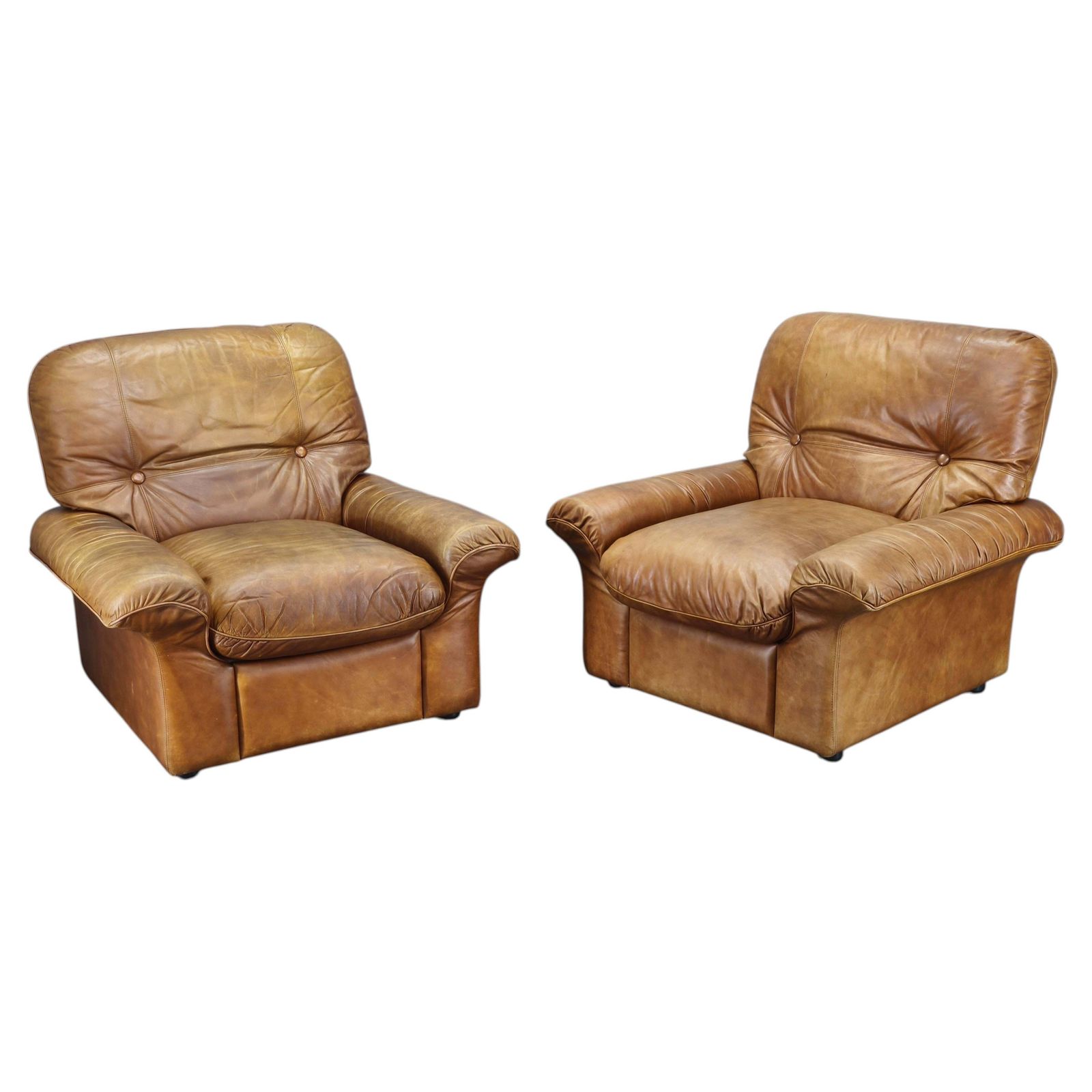 Paar Arcon Italia Cognac Buffalo Leren Lounge Fauteuils