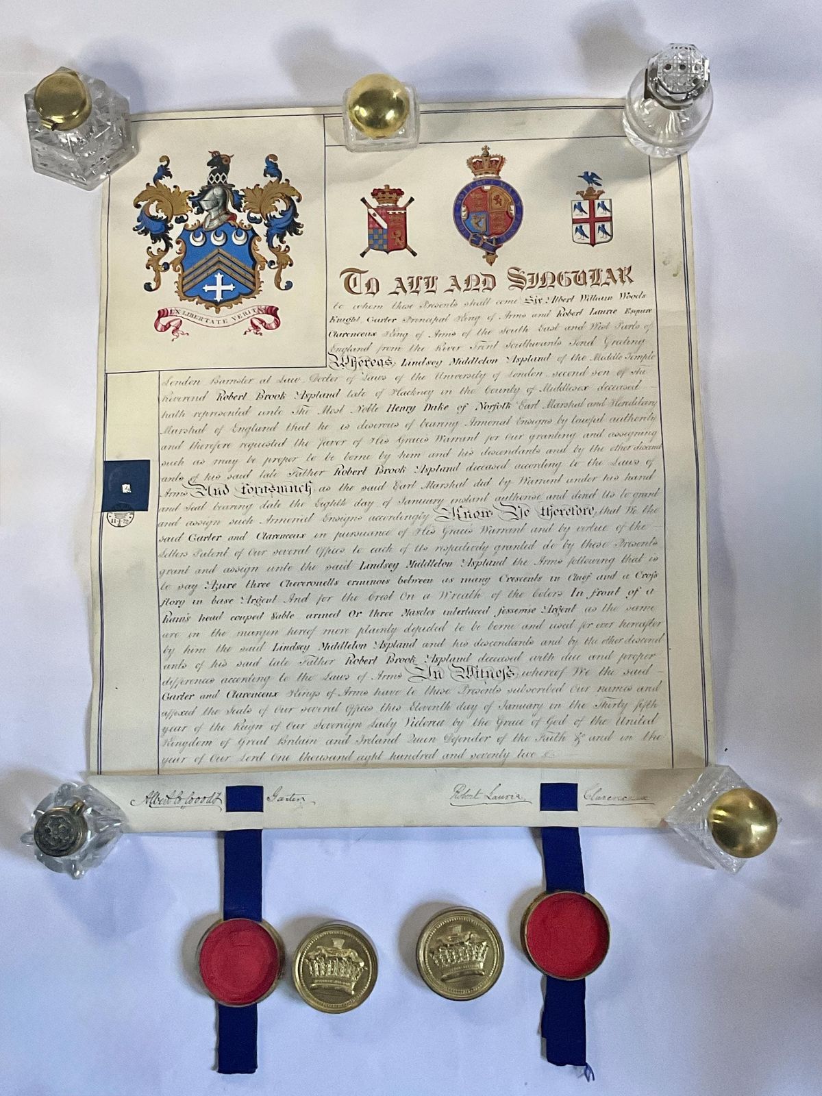 Spectacular 1873 Victorian Grant Of Arms Vellum Scroll – Hand Illuminated With Two Cased Wax Seals photo furniture
