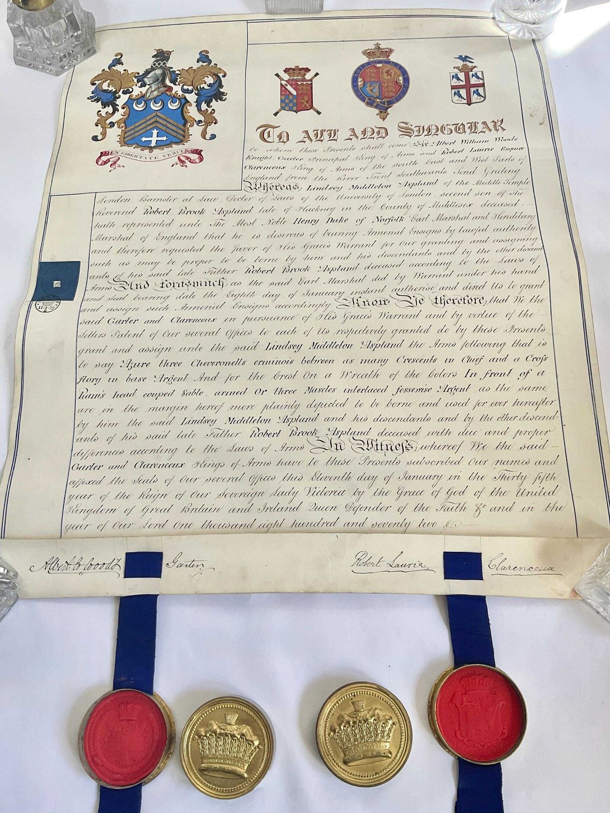 Spectacular 1873 Victorian Grant Of Arms Vellum Scroll – Hand Illuminated With Two Cased Wax Seals photo vinterior
