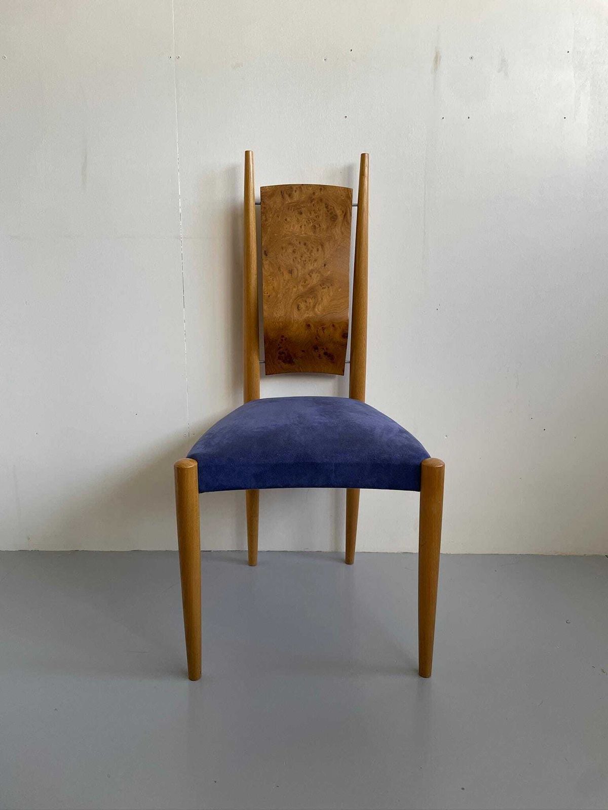Skylon Accent Chair By Toby Winteringham Blue Seat And Elm Burr Detail photo furniture