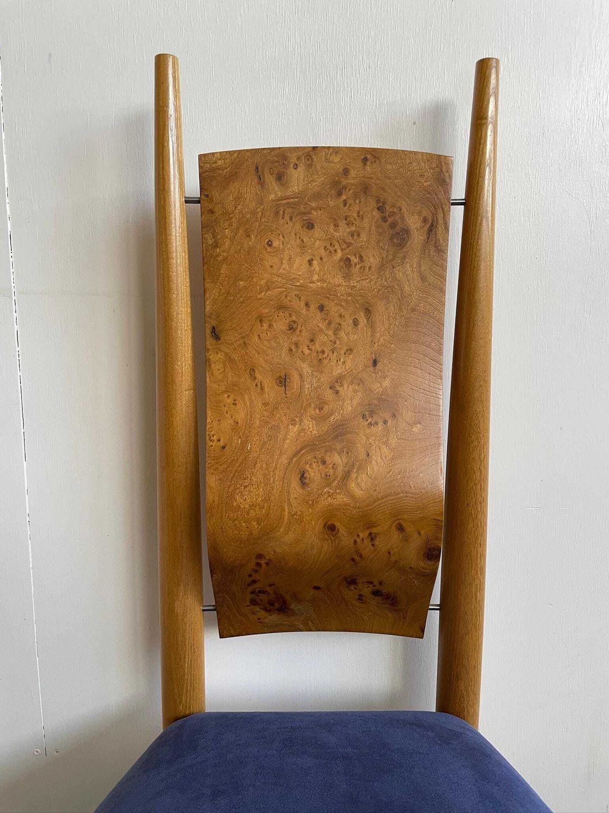 Skylon Accent Chair By Toby Winteringham Blue Seat And Elm Burr Detail photo for sale