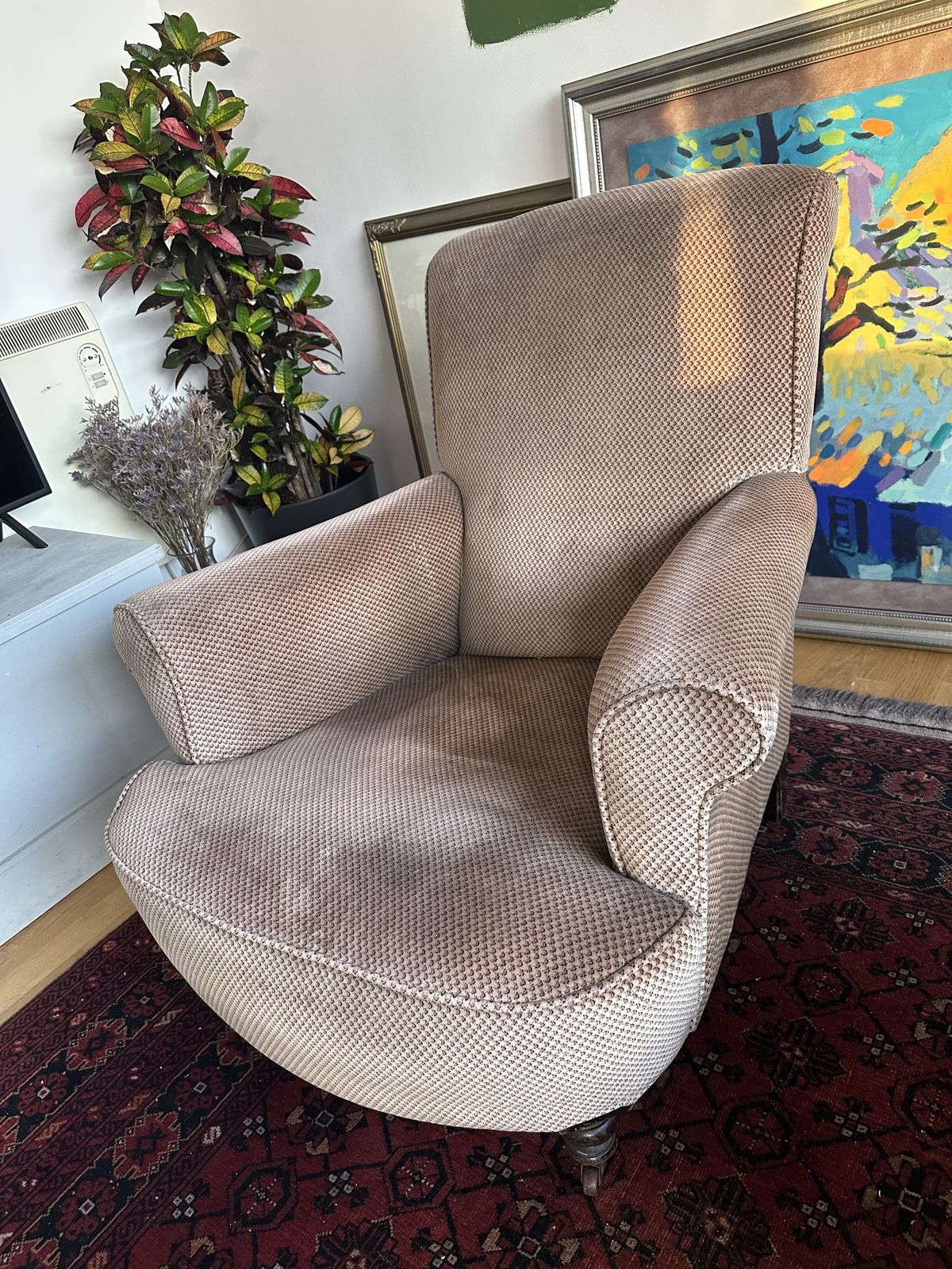 Mid Century Howard Style Country House Armchair With Turned Legs And Scrolled Arms photo furniture