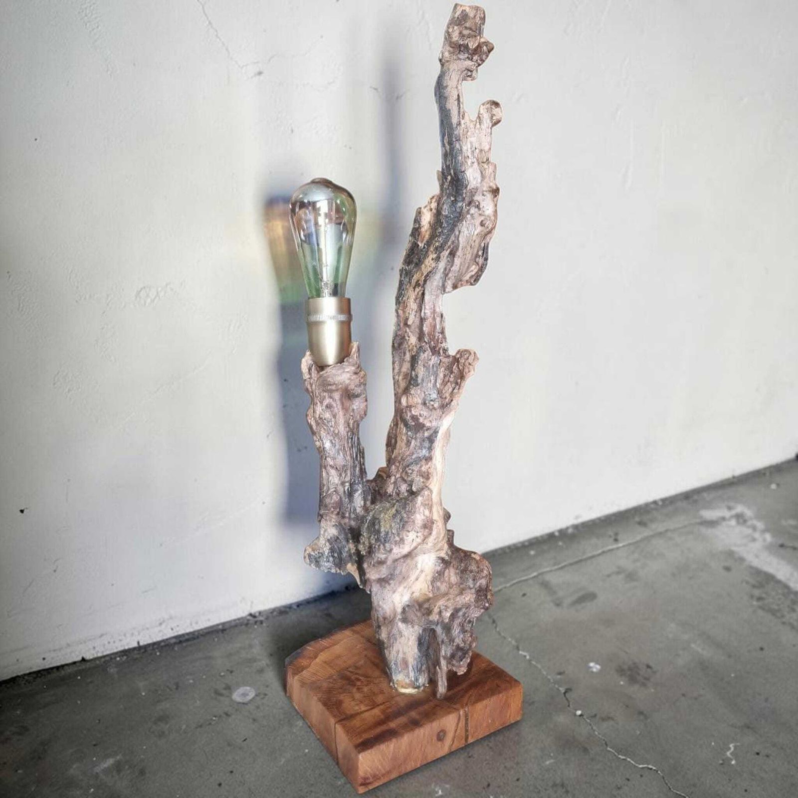 Handmade Elderberry Wood Lamp – One Of A Kind Sculptural Table Light – Rustic Wabi Sabi Decor photo vinterior