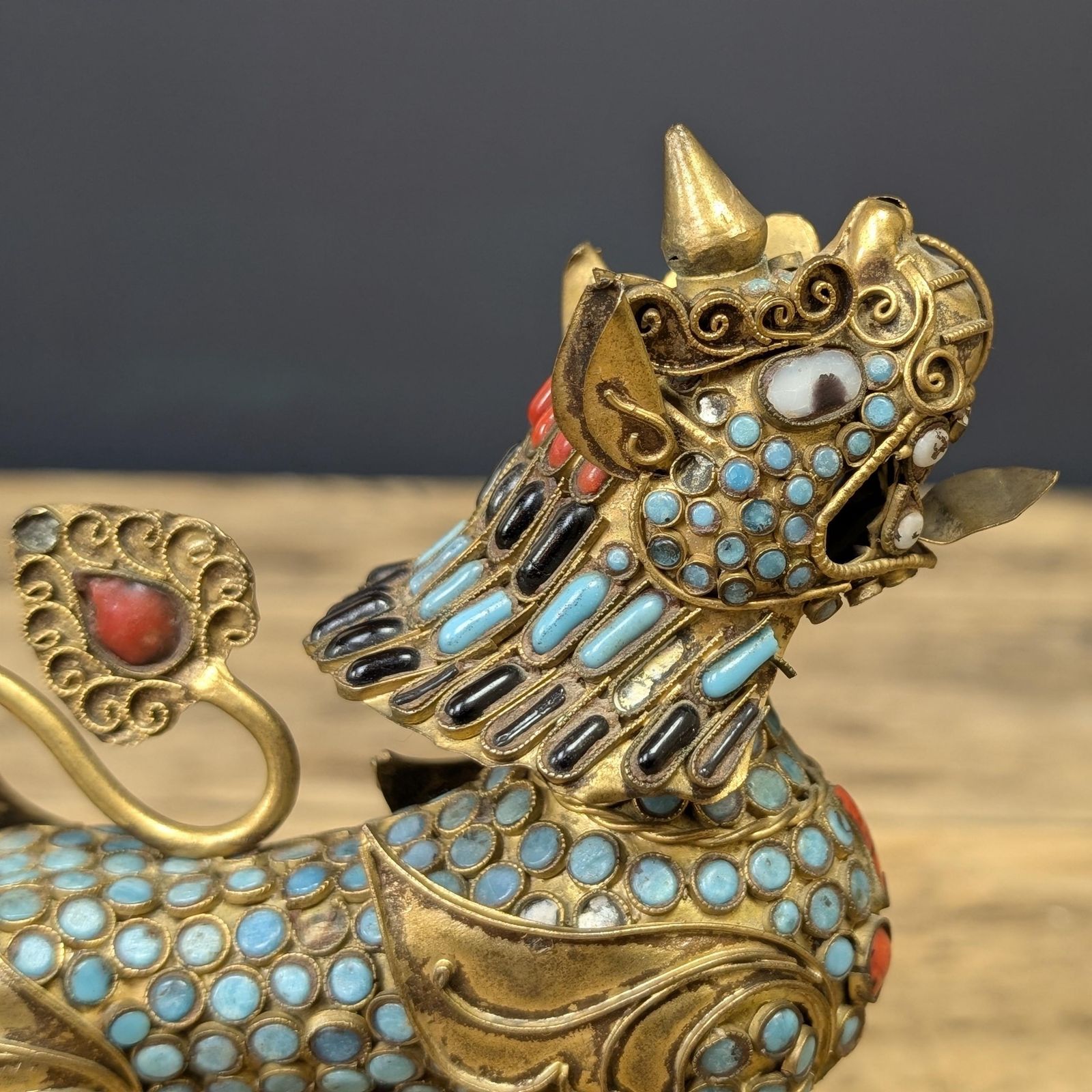 Tibetan Snow Lion Censer, Jeweled Brass Nepalese Container With Removable Head, Turquoise And Coral Colored Stones, C. 1978 photo vintage