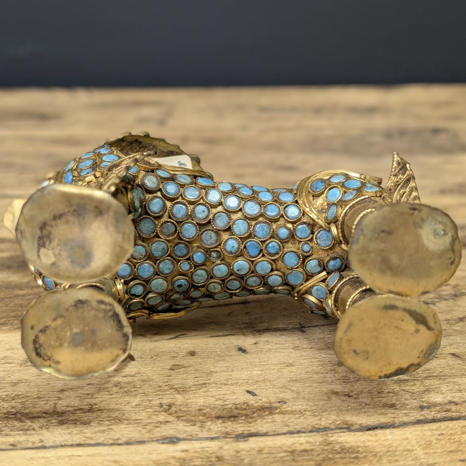 photo for sale Tibetan Snow Lion Censer, Jeweled Brass Nepalese Container With Removable Head, Turquoise And Coral Colored Stones, C. 1978