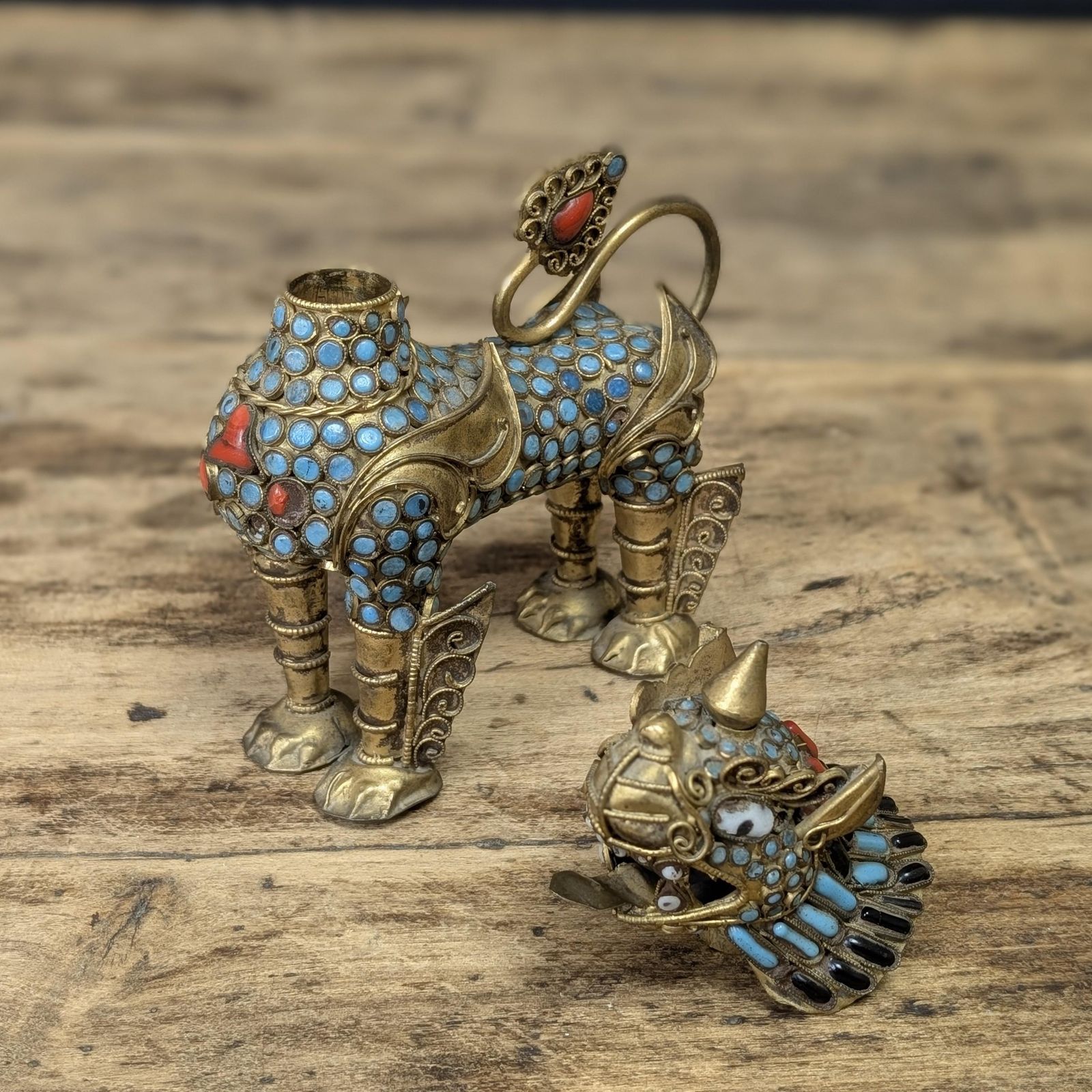 105.0 Tibetan Snow Lion Censer, Jeweled Brass Nepalese Container With Removable Head, Turquoise And Coral Colored Stones, C. 1978 photo