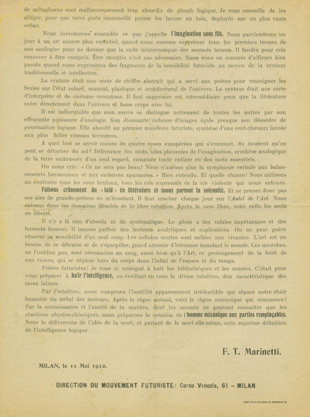 Manifeste Technique De La Littérature Futuriste, Italy 1912 photo for sale