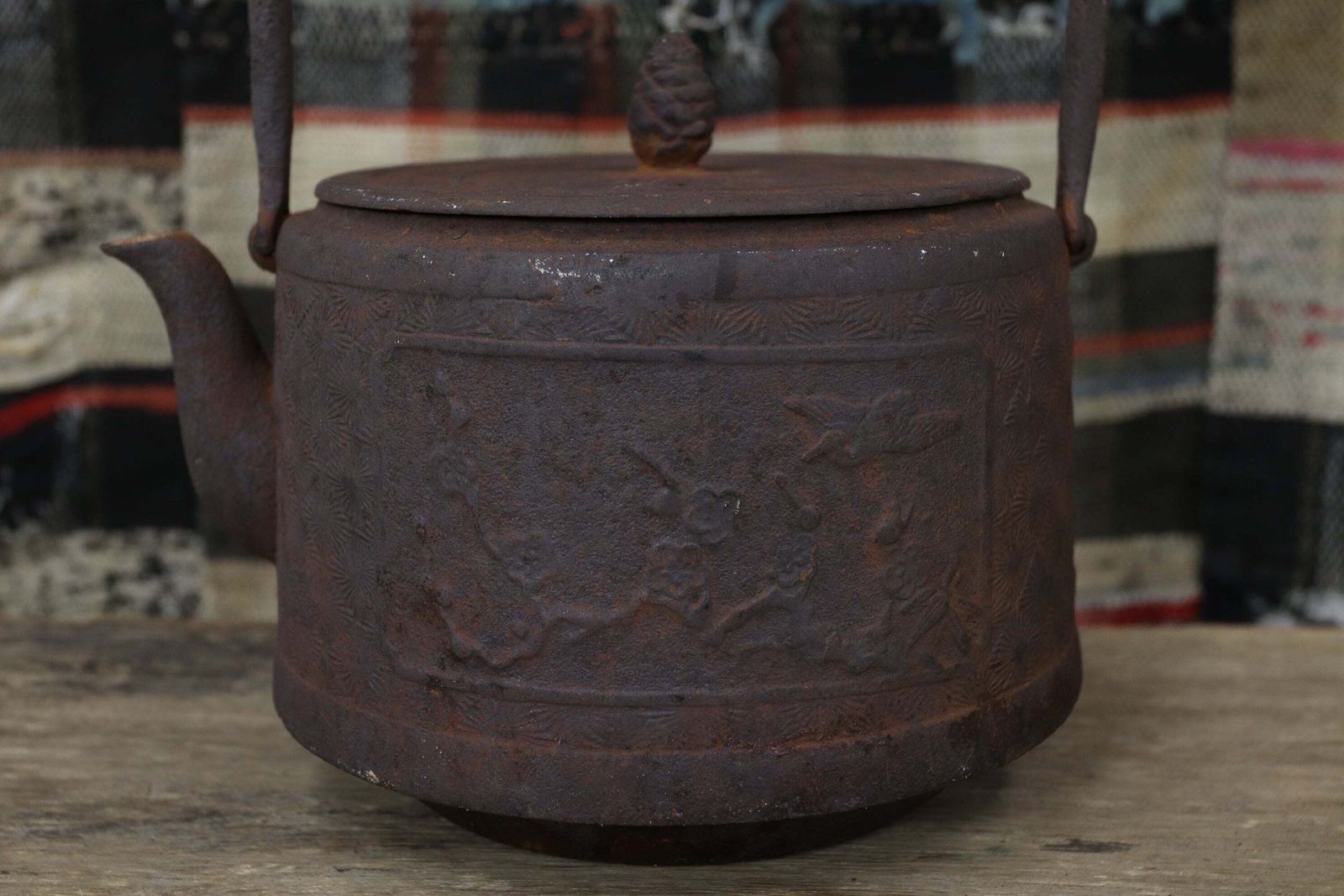 Japanese Meiji Period Iron Tetsubin Kettle With Crane And Tortoise Details (2) photo vintage