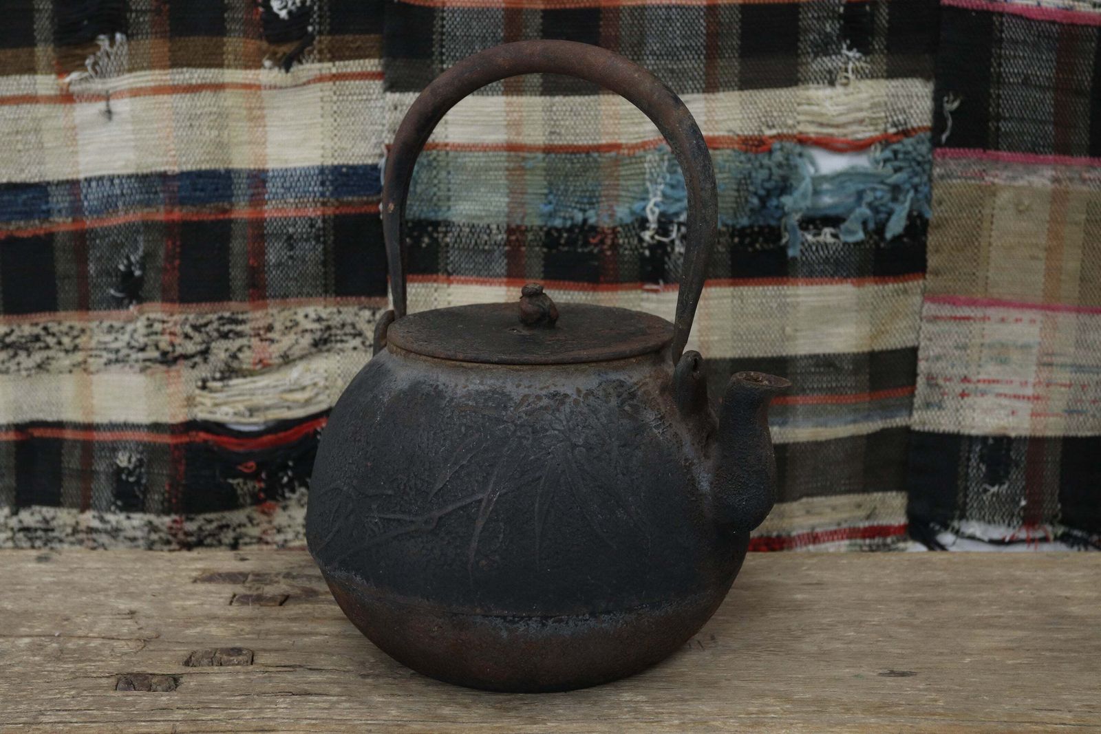 Home Decor Early Showa Period Japanese Chagama Kettle With Bamboo Illustrations photo