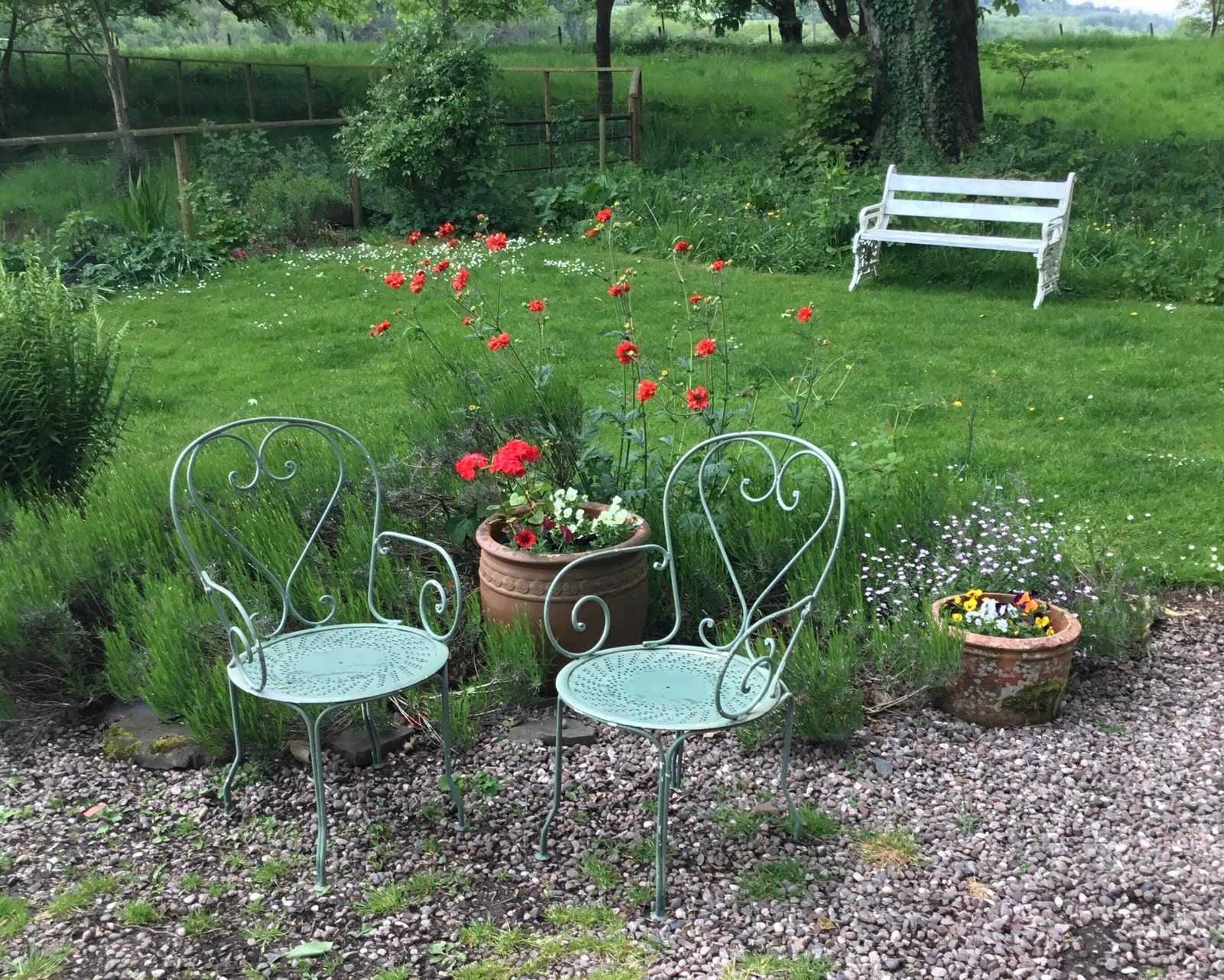 Pair Vintage French Café Garden Chairs   Heart Shaped Backs   Wrought Iron photo for sale