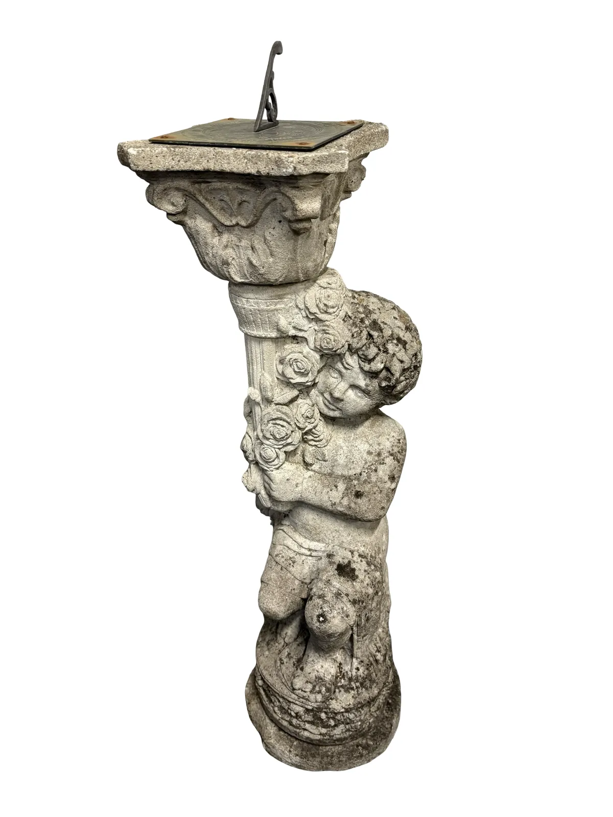Weathered Antique Stone Garden Sundial On Putti Cherub Pedestal photo furniture