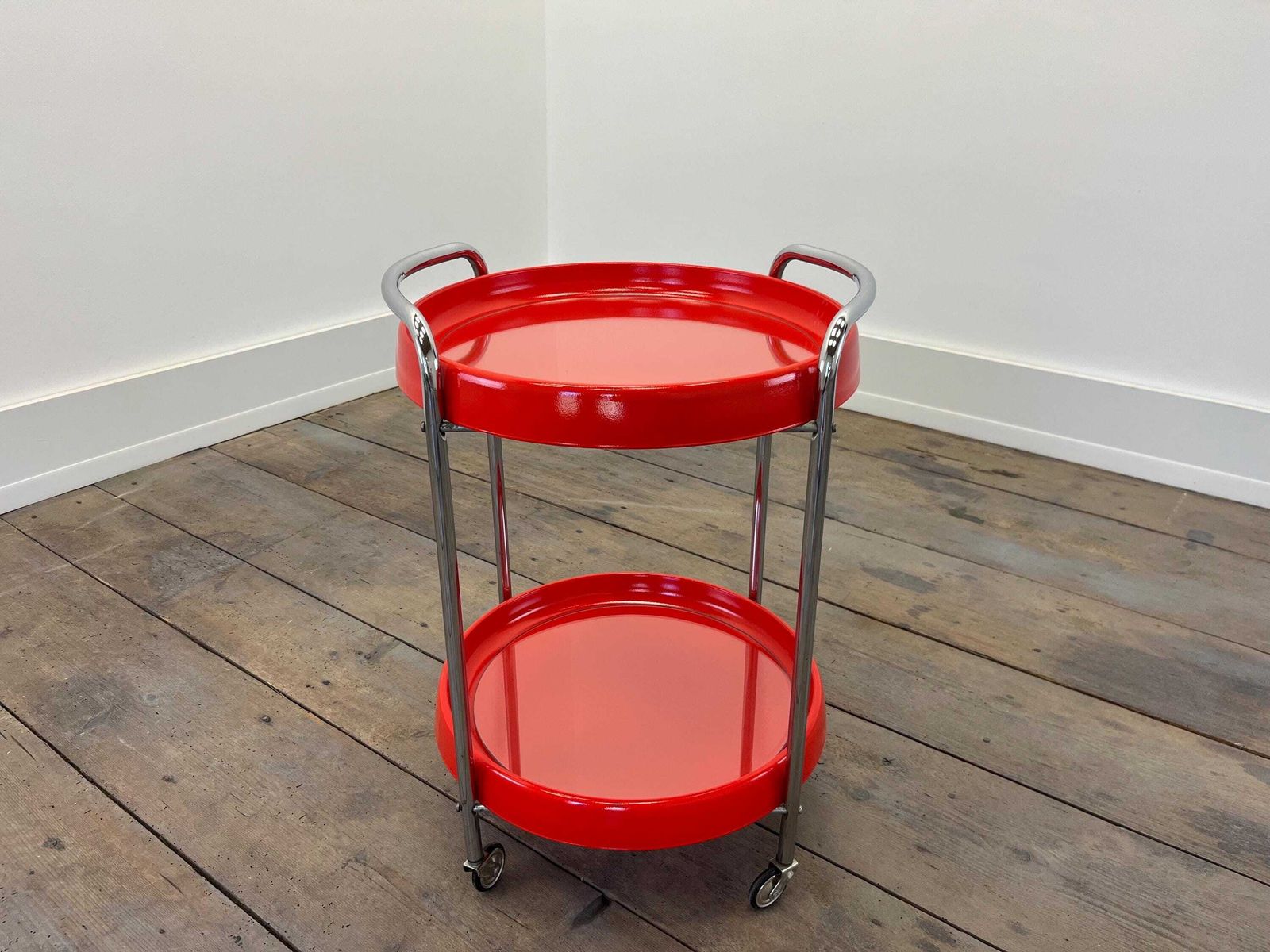 Vintage Mid Century Modern Red Rolling Bar Cart / 2 Tier Plastic, Glass And Chrome Serving Trolley / Retro Space Age Side Table On Casters photo furniture