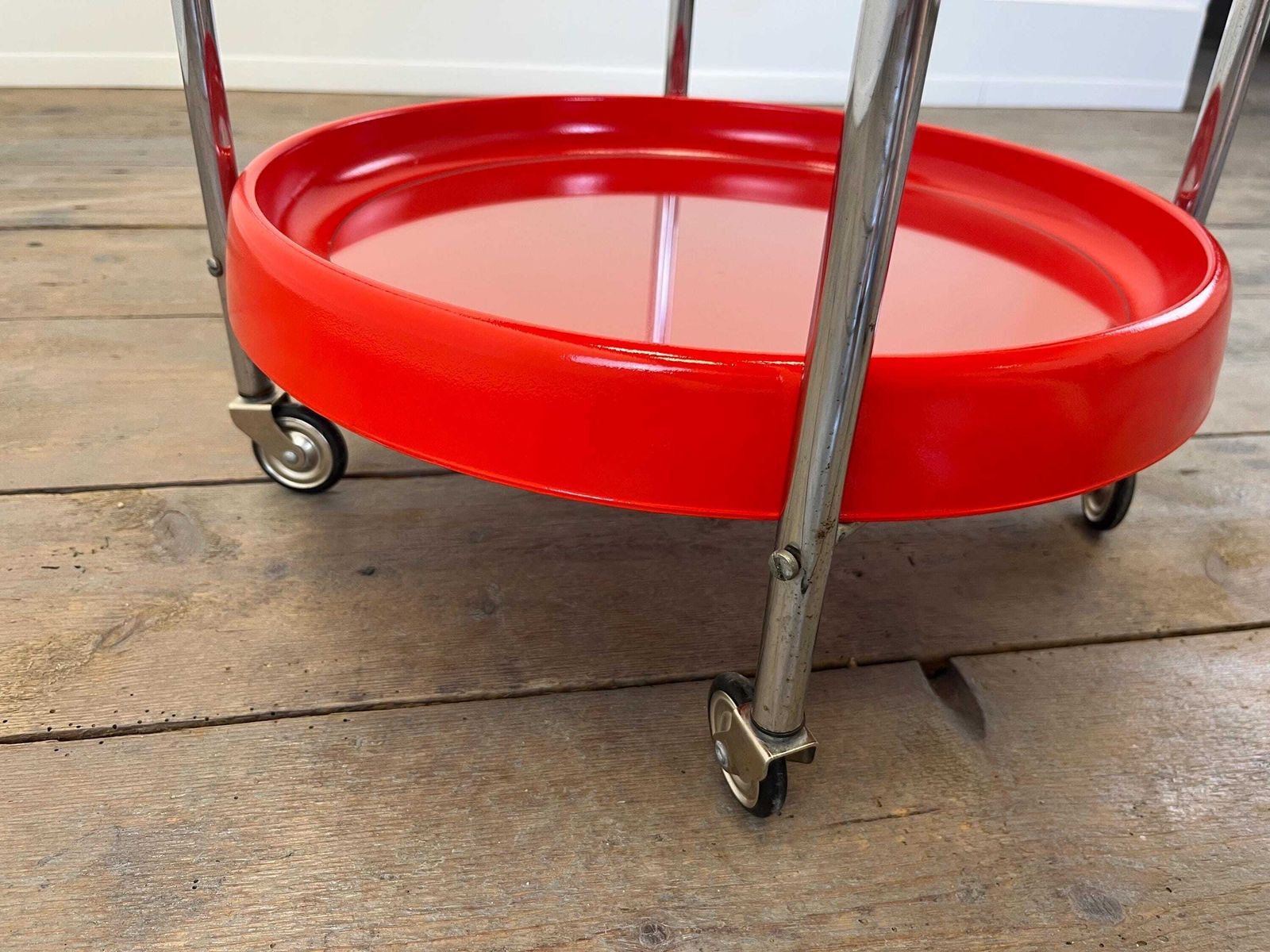 photo furniture Vintage Mid Century Modern Red Rolling Bar Cart / 2 Tier Plastic, Glass And Chrome Serving Trolley / Retro Space Age Side Table On Casters