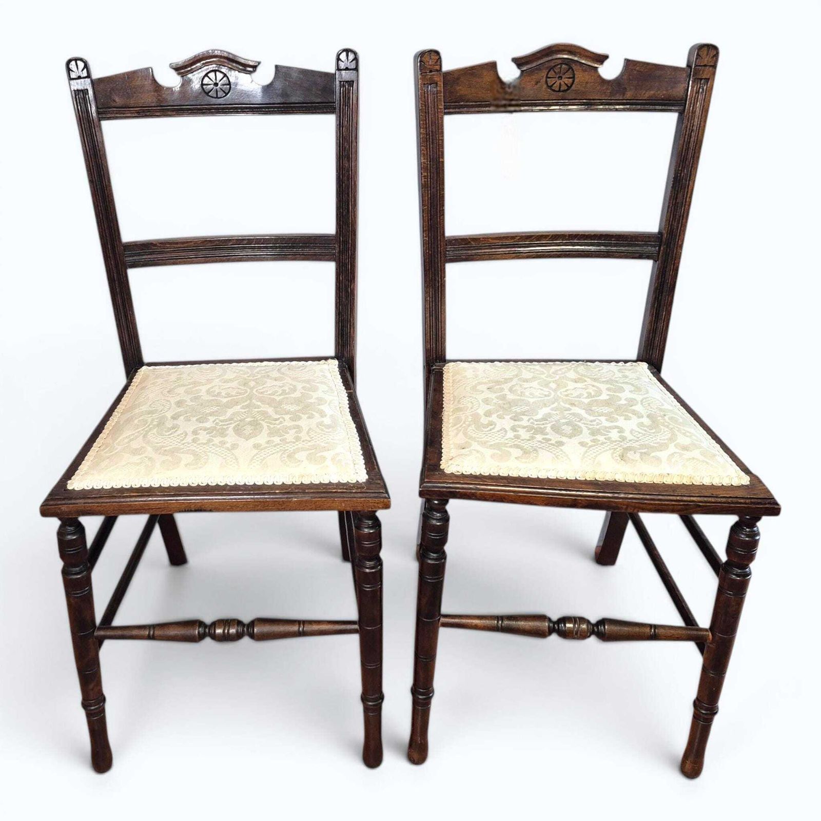 Antique Victorian Mahogany Bedroom Chairs Pair C1870 Damask Upholstered Chairs photo for sale