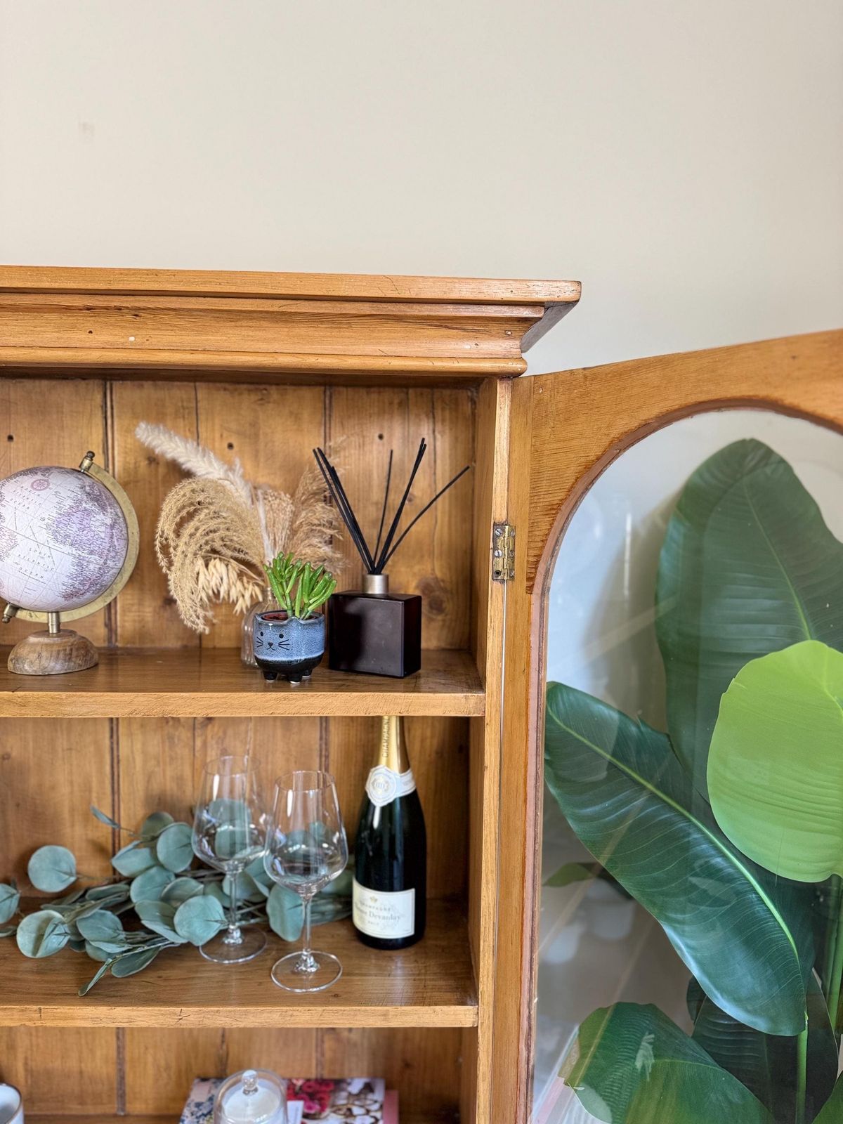 Farmhouse Pine Vintage Large Wooden Glass Drinks Display Cabinet With Shelves Pantry photo vinterior