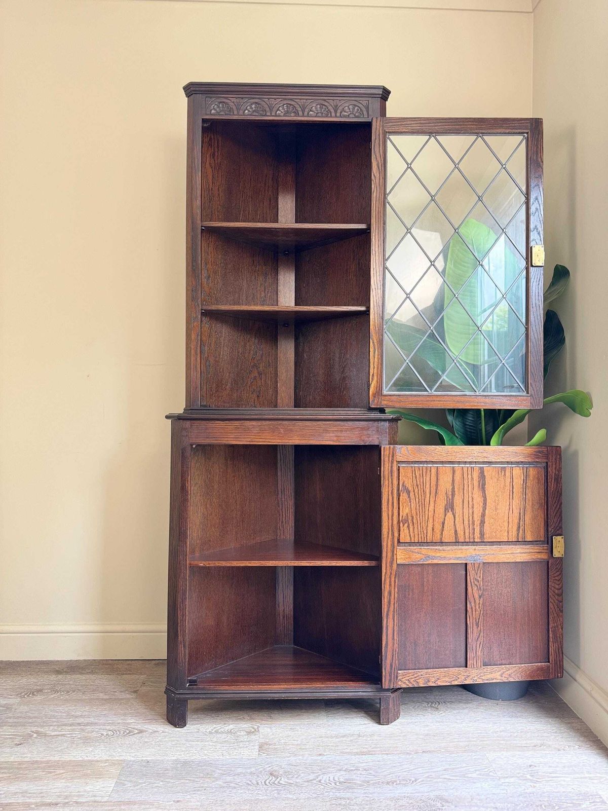 Vintage Oak Corner Cupboard Cabinet: Dark Wood Wall Freestanding Shelving Pantry Drinks photo for sale