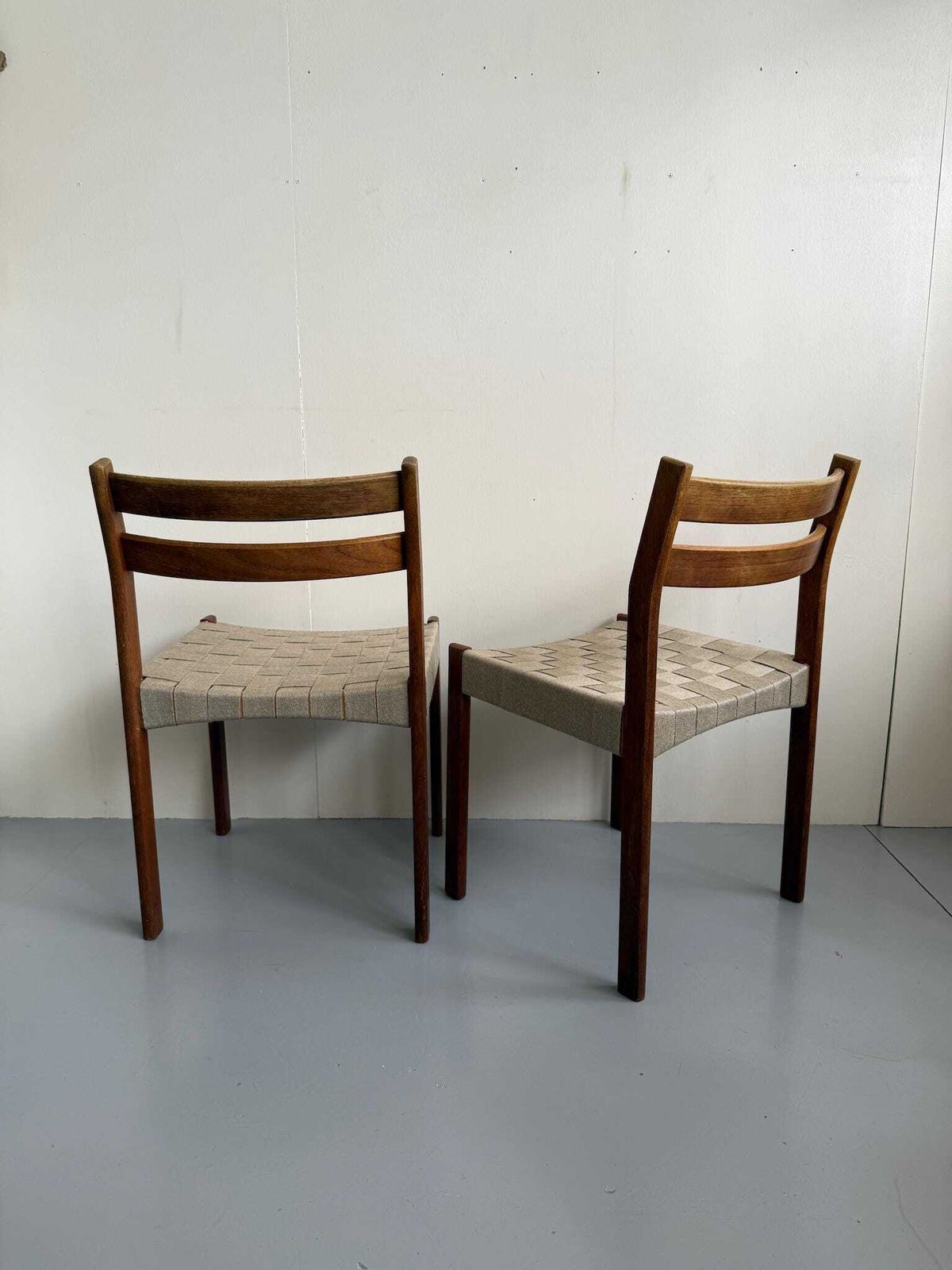 Pair Of Danish Teak Mid Century Dining Chairs With Cream Webbing Strap Seats photo furniture