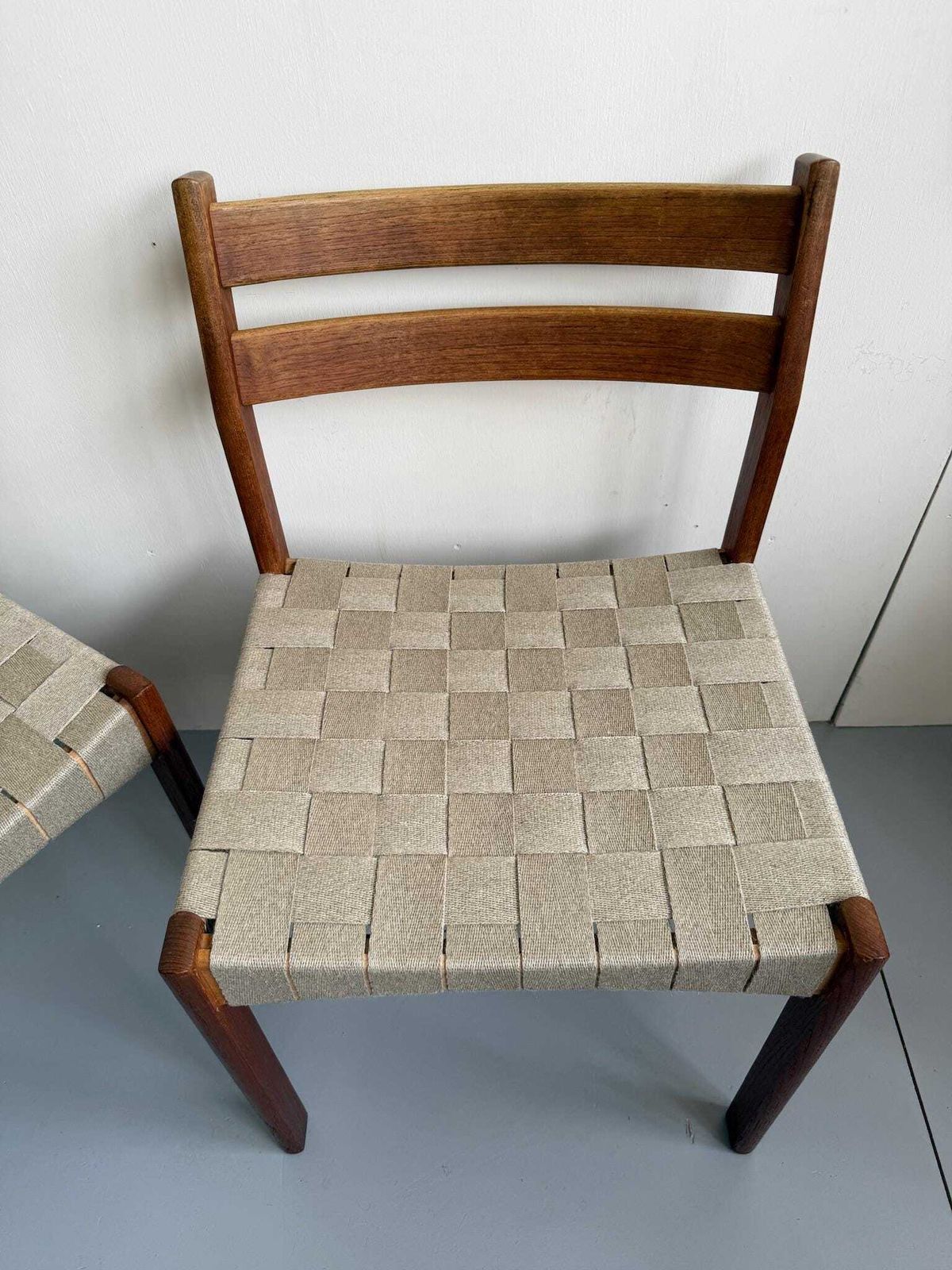 Pair Of Danish Teak Mid Century Dining Chairs With Cream Webbing Strap Seats photo vinterior
