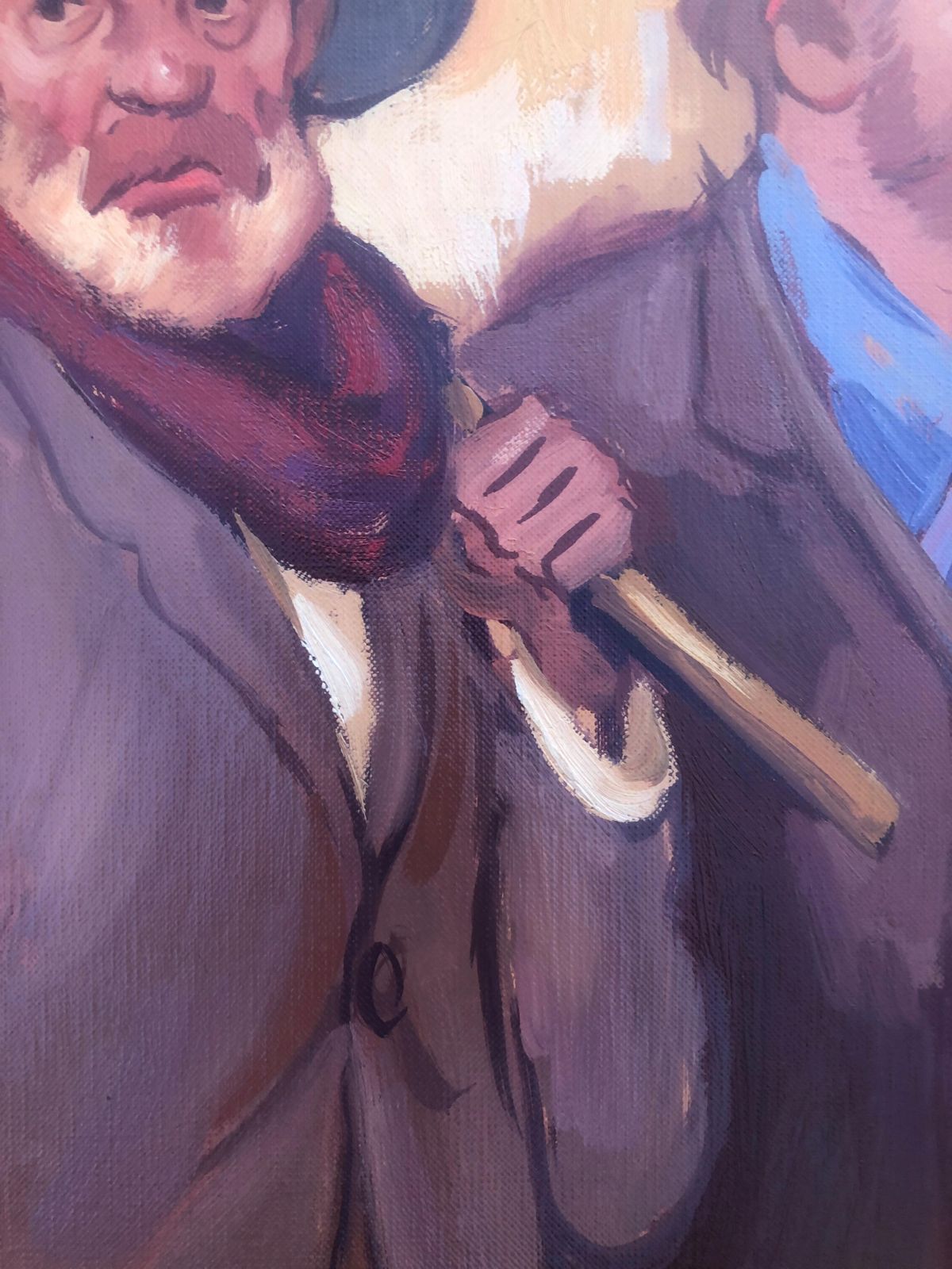 Peinture à l'huile figurative espagnole, scène de genre avec voyageurs, étude de personnages, art moderne, Albert Roca, vers 1990 photo vinterior