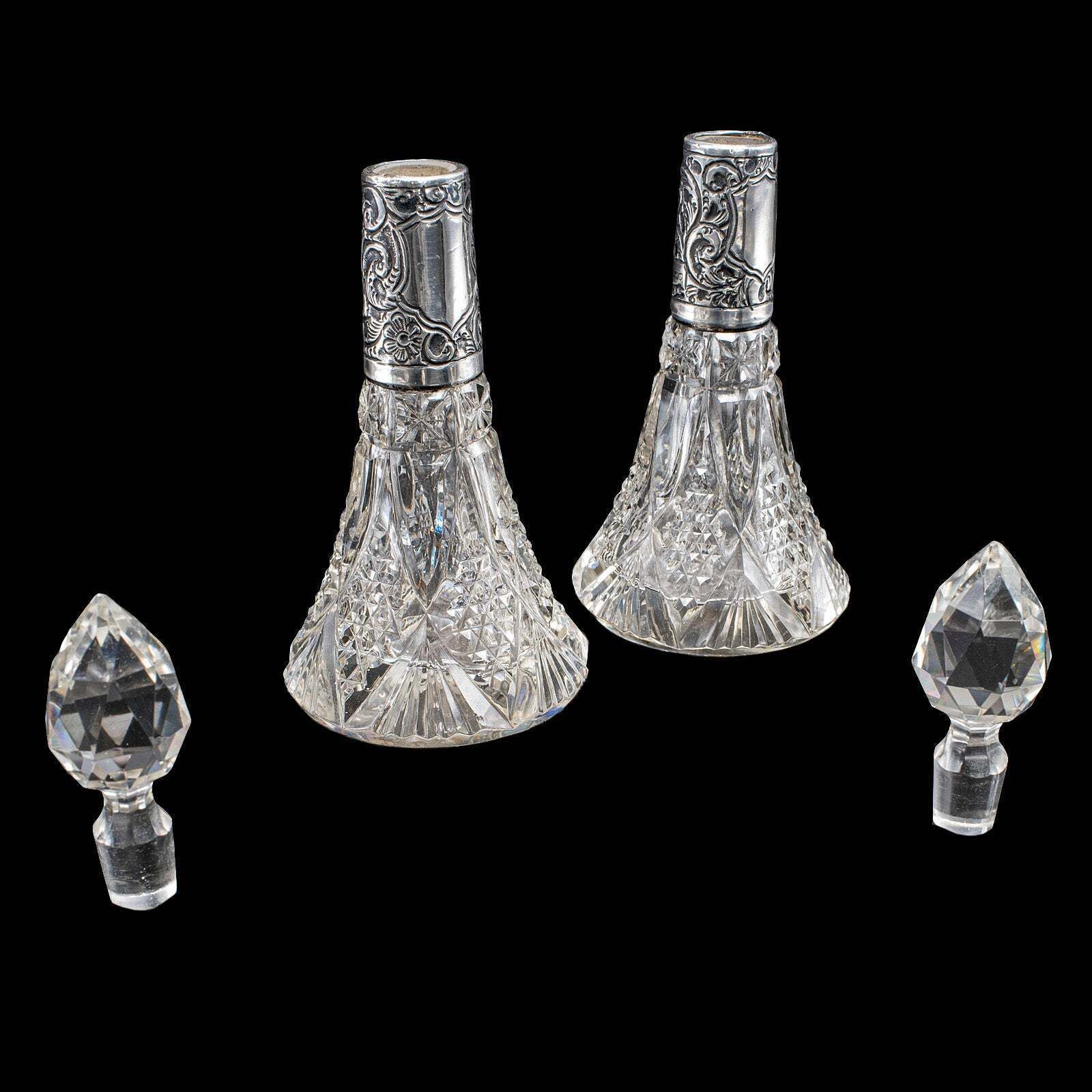 Pair Of Small Antique Scent Bottles, English, Perfume Decanter, Silver Collar photo furniture