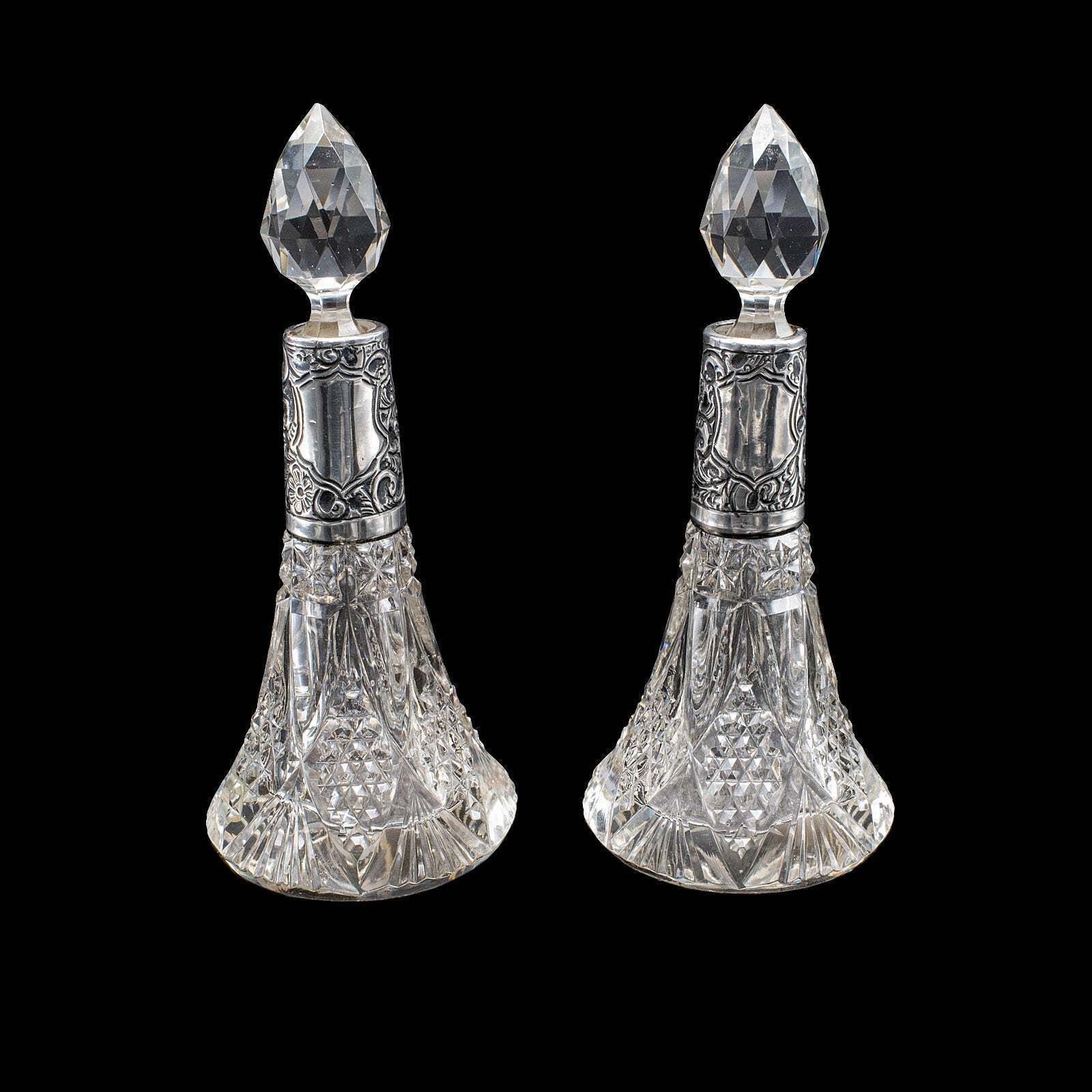 Pair Of Small Antique Scent Bottles, English, Perfume Decanter, Silver Collar photo for sale