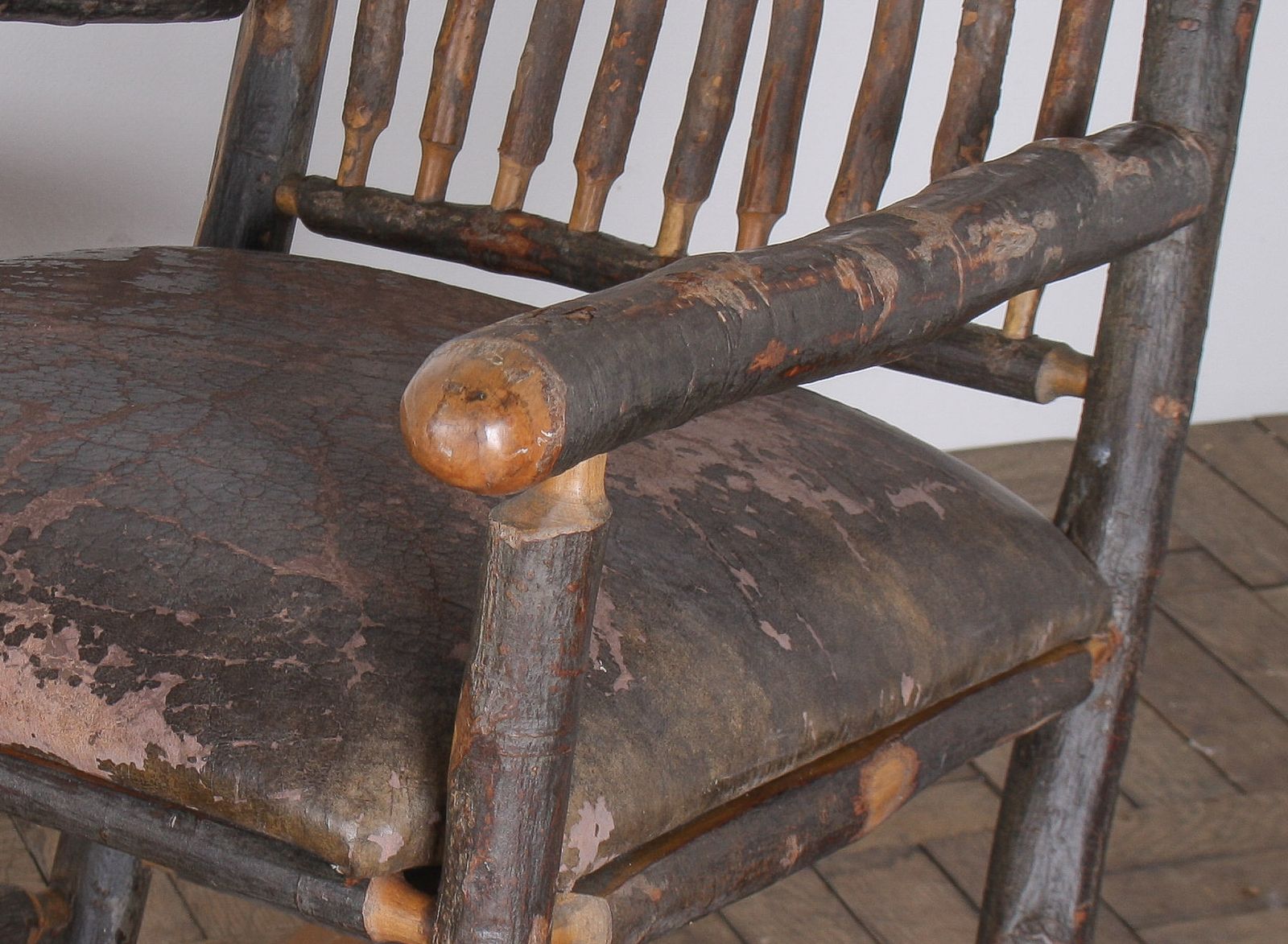 Antique American Stick Back Rocking Chair With Distressed Patina And Leather Seat photo Furniture