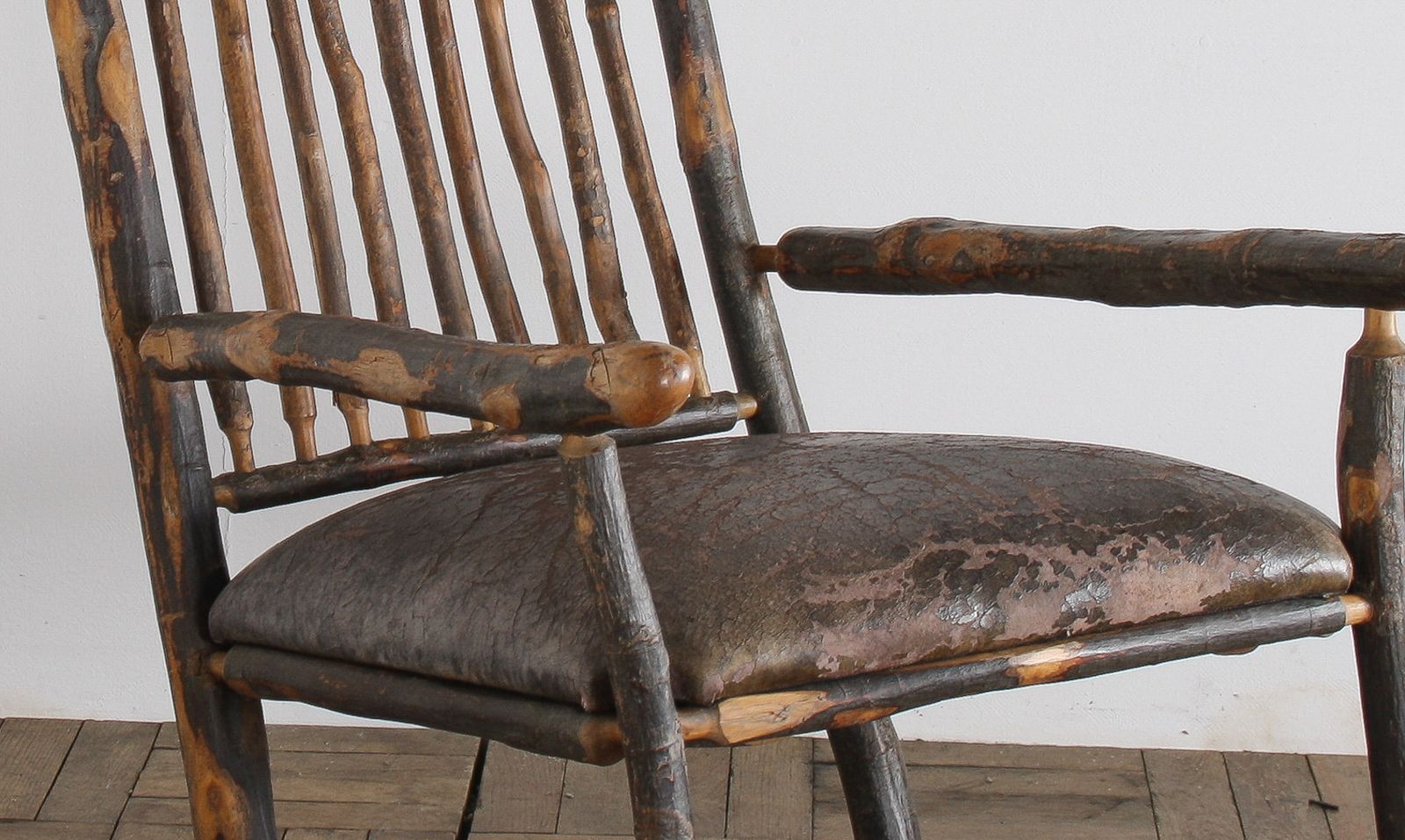 Antique American Stick Back Rocking Chair With Distressed Patina And Leather Seat photo buy