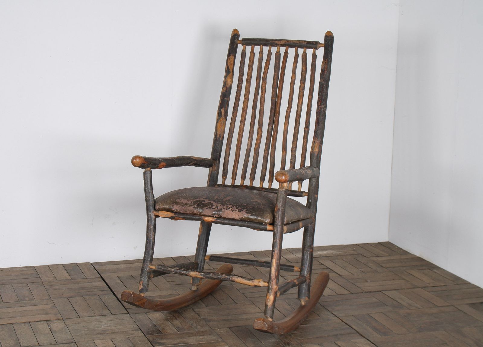photo buy Antique American Stick Back Rocking Chair With Distressed Patina And Leather Seat
