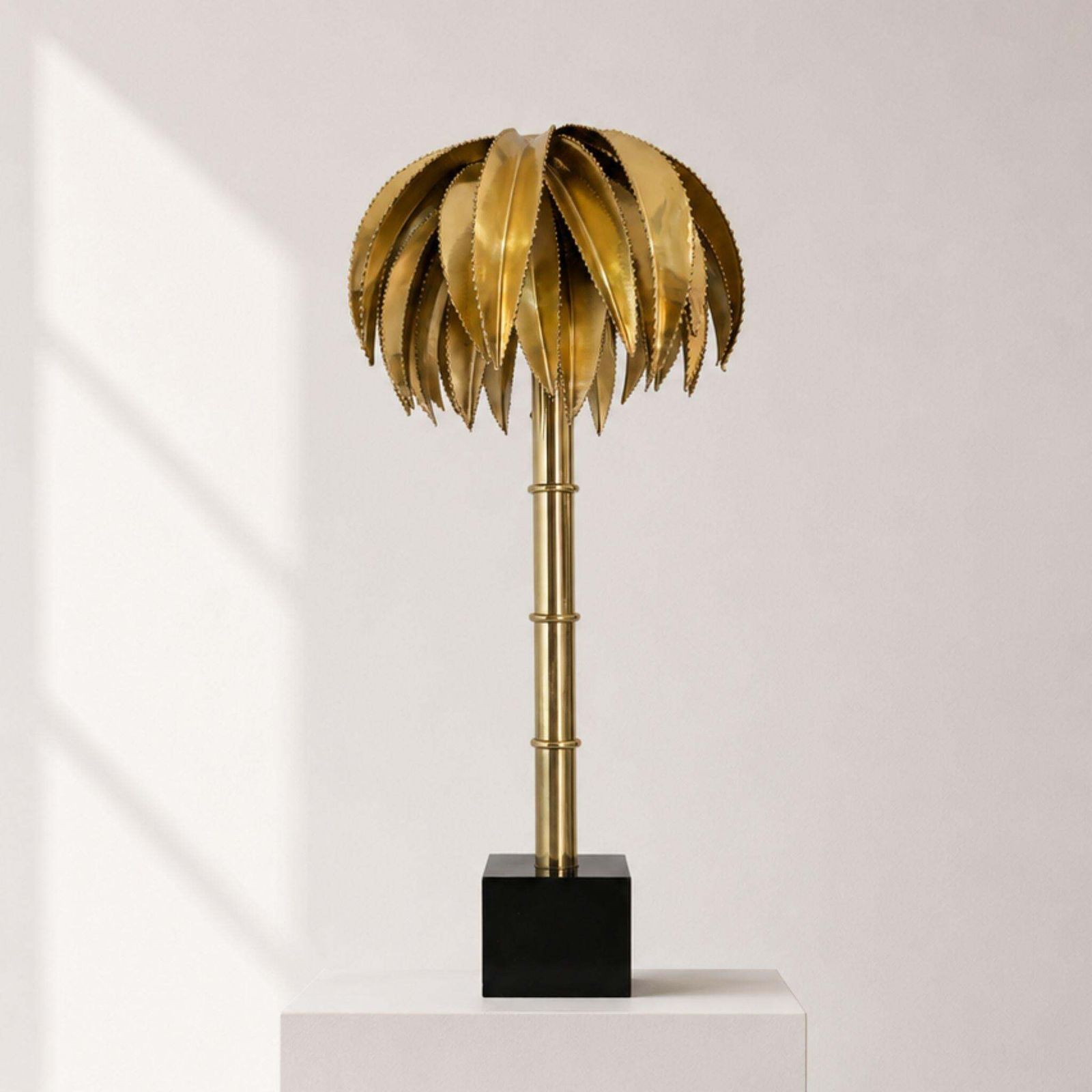 1970s French Brass Palm Tree Faux Bamboo Table Lamp In Style Of Maison Jansen photo for sale