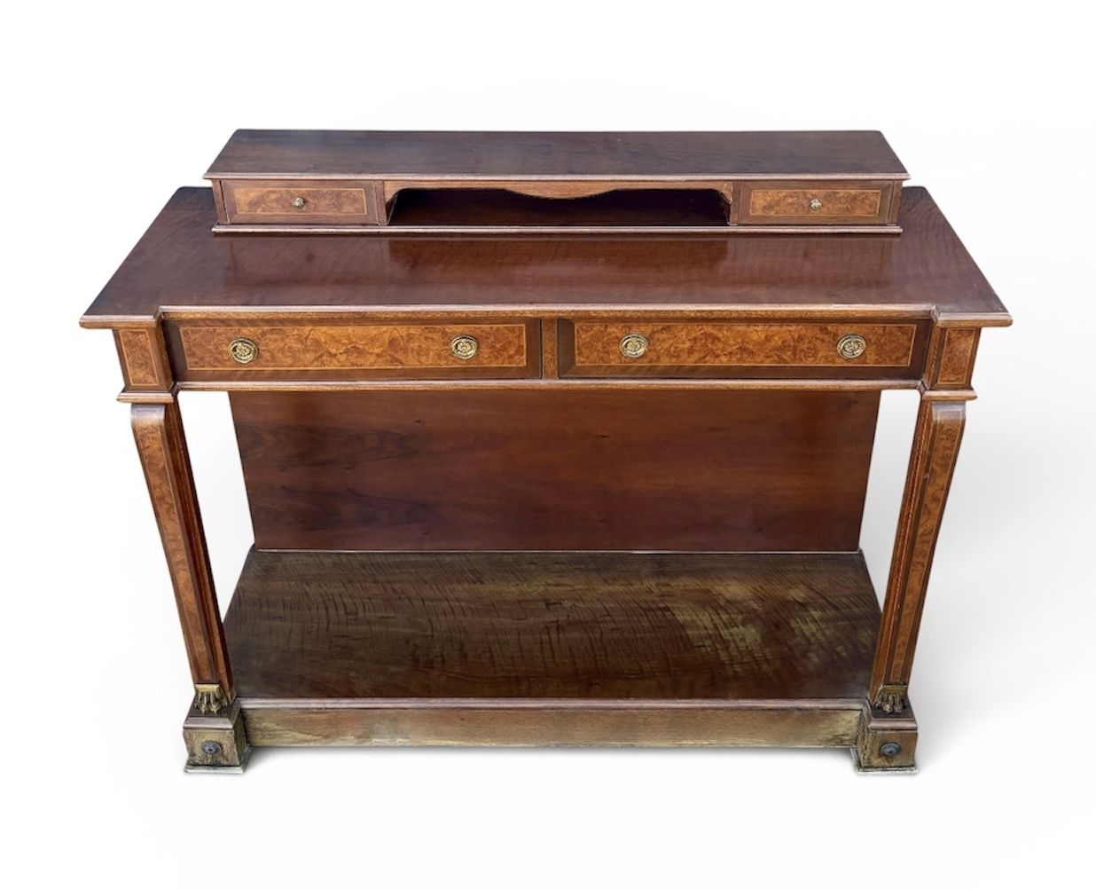 Elegant Empire Style Console With Burlwood Veneer And Bronze Details