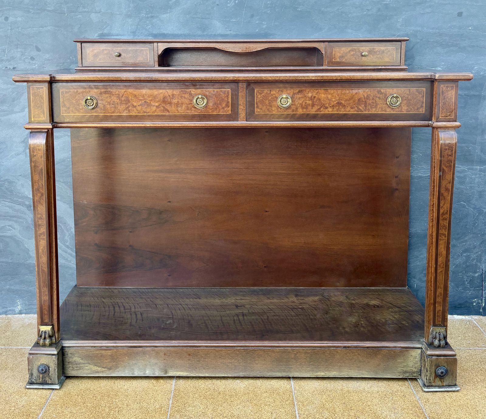 Elegant Empire Style Console With Burlwood Veneer And Bronze Details photo furniture