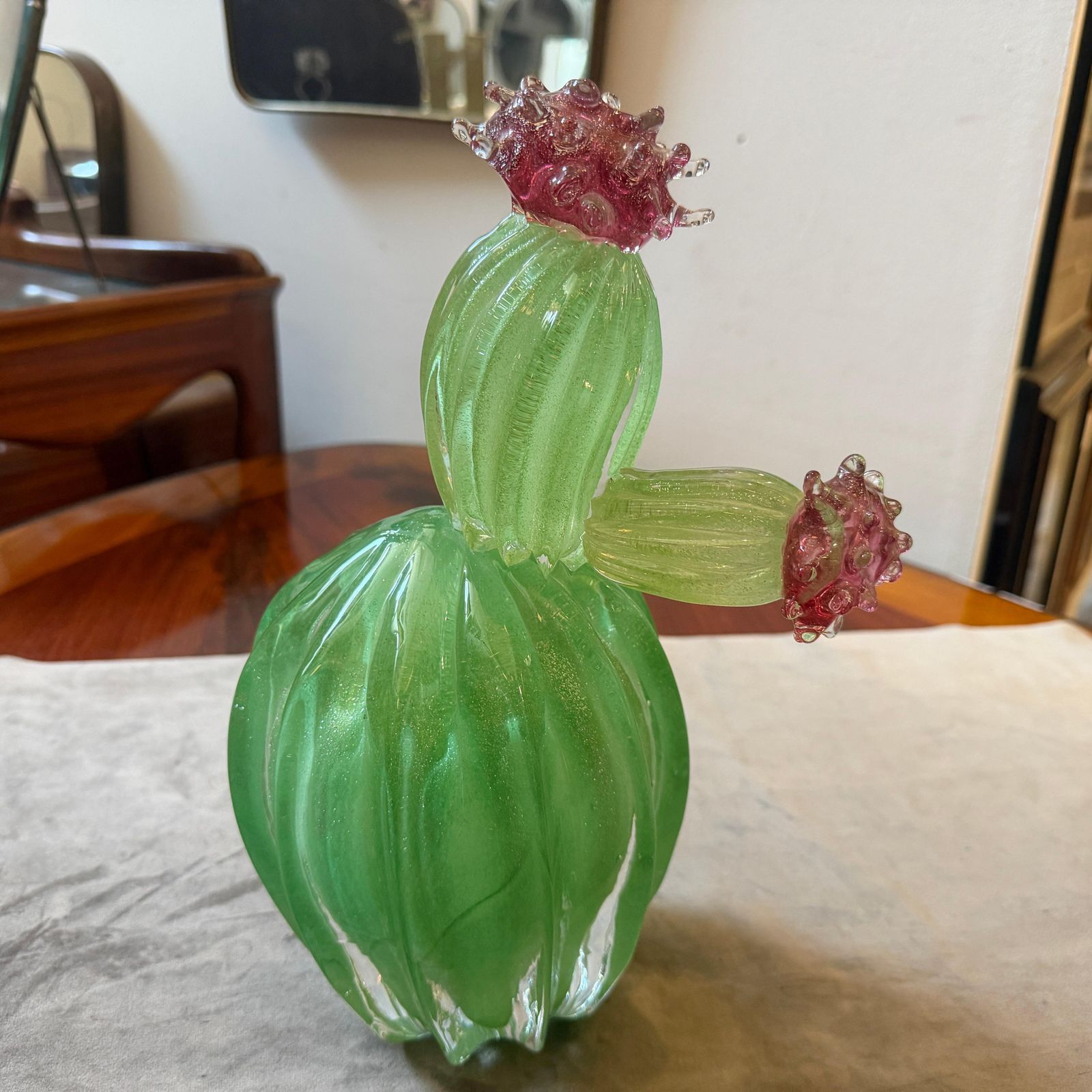 1990s Green Emerald And Amethyst Purple Murano Glass Flowering Cactus photo Art