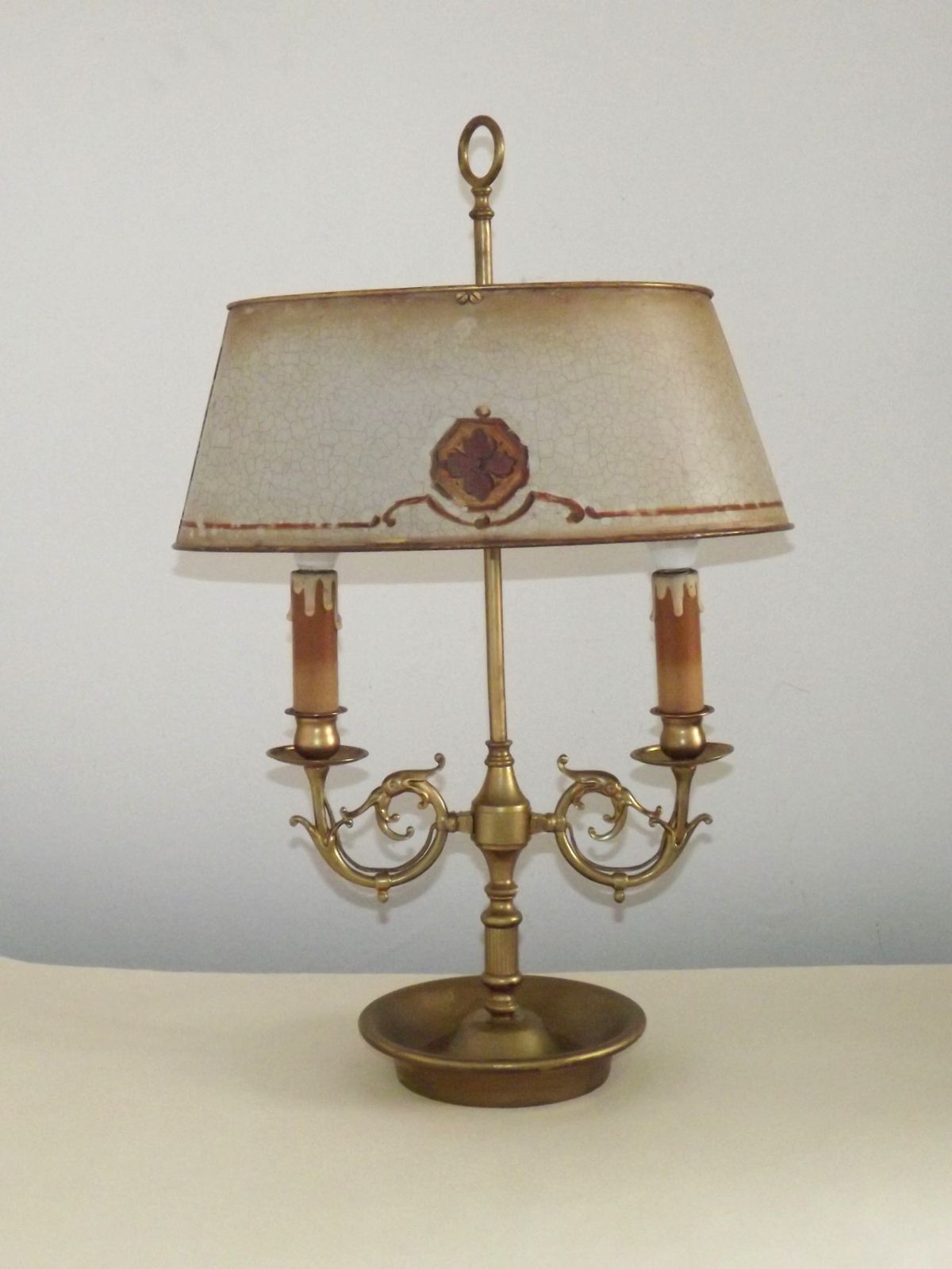 French Empire Brass Boulotte 2 Light Table Lamp Hand Painted Floral Design photo for sale