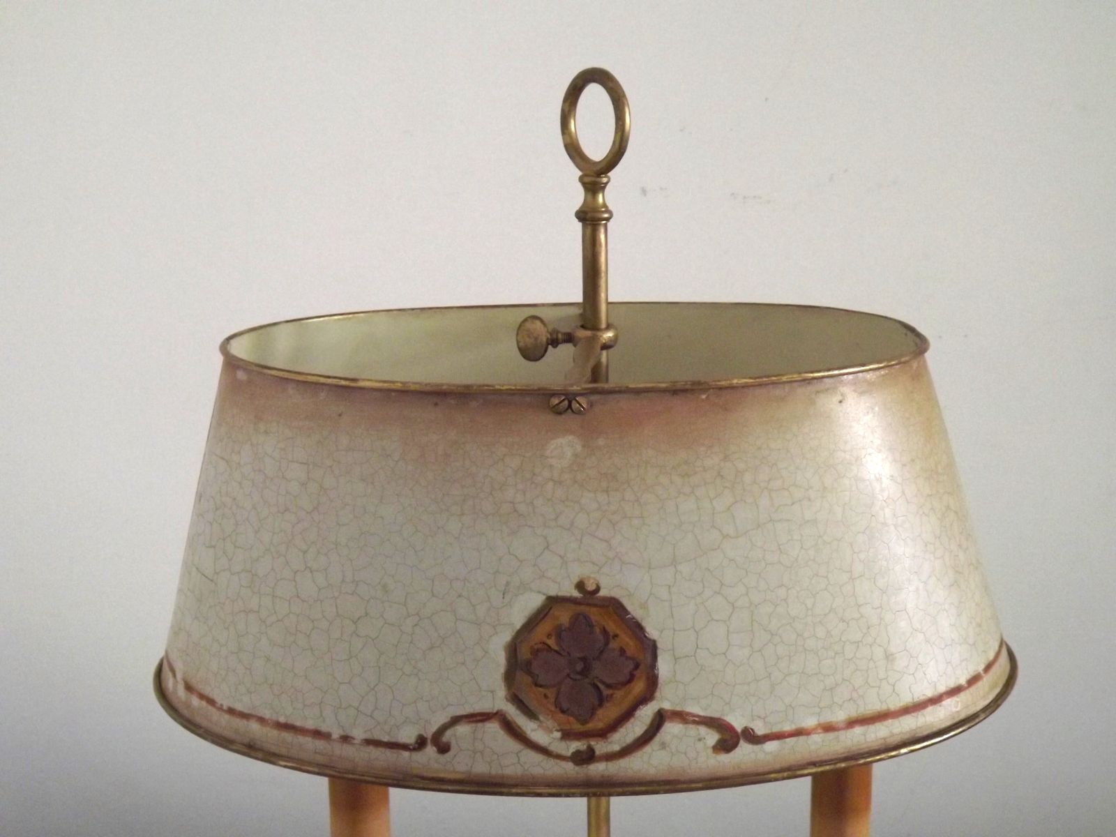 French Empire Brass Boulotte 2 Light Table Lamp Hand Painted Floral Design photo vinterior