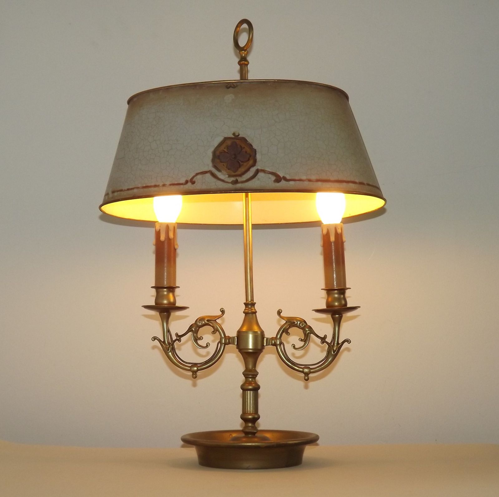 French Empire Brass Boulotte 2 Light Table Lamp Hand Painted Floral Design photo furniture