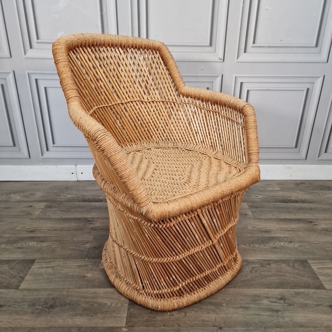 Vintage Rattan Armchair Tub Chair Natural Wicker Barrel Seat Retro Mid Century