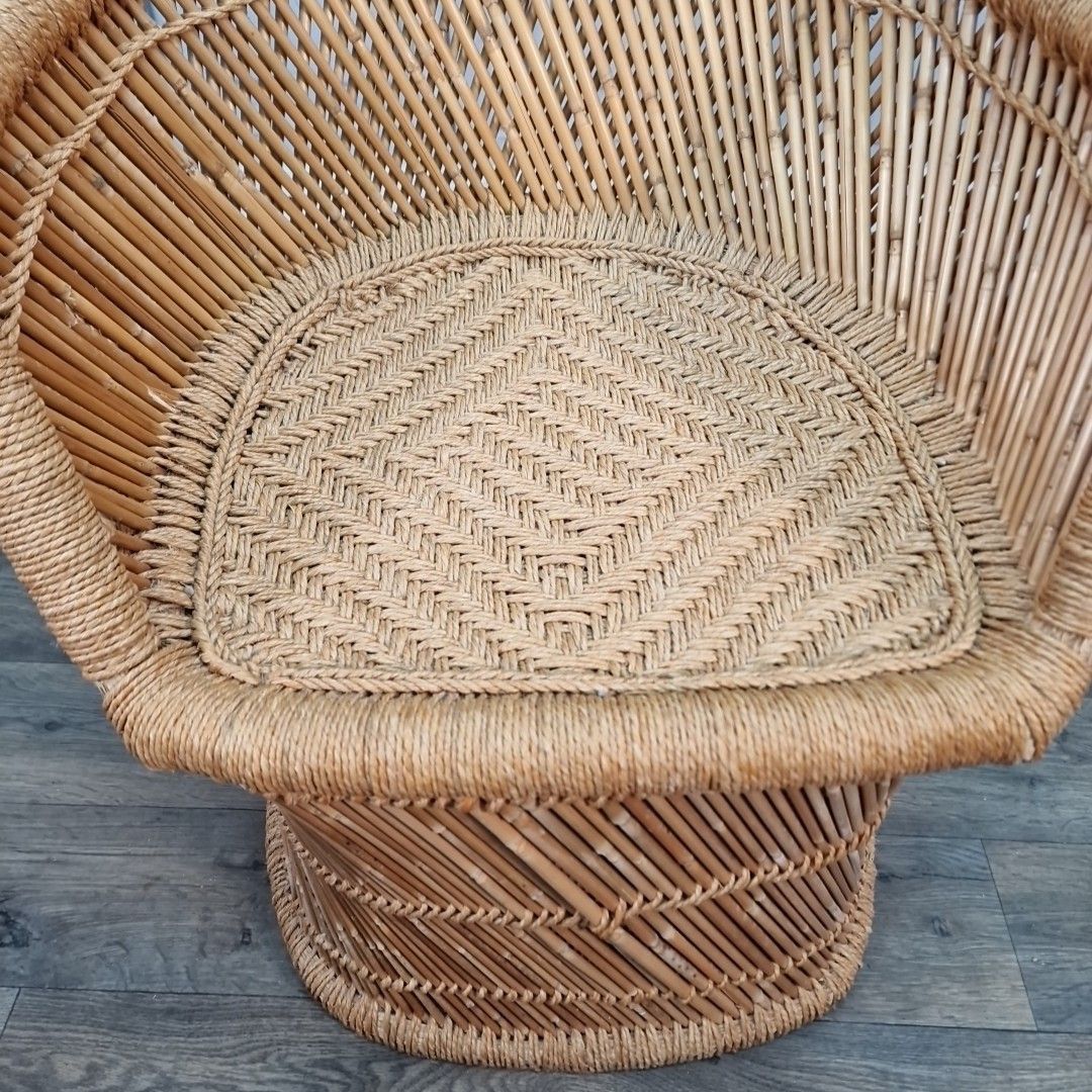 Vintage Rattan Armchair Tub Chair Natural Wicker Barrel Seat Retro Mid Century photo vintage
