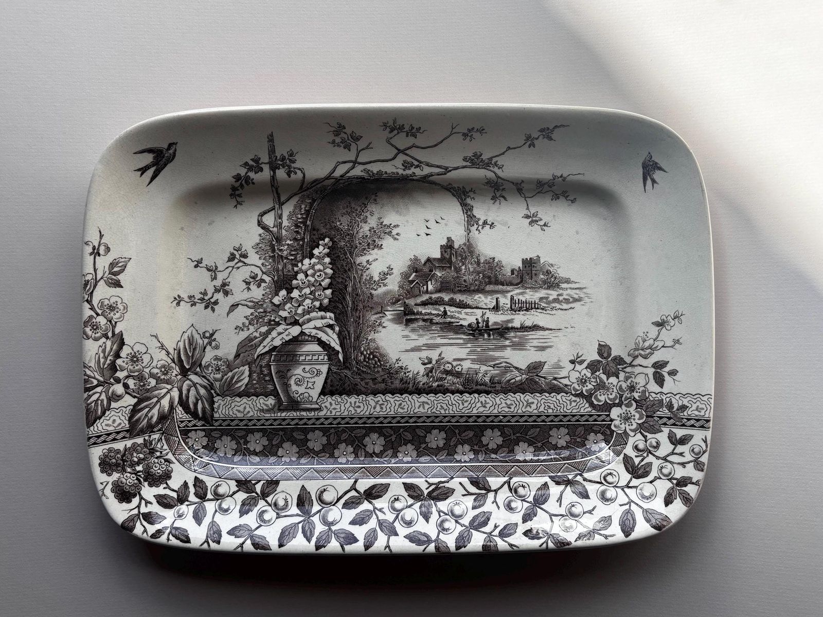 photo for sale Antique Brown Transferware Platter, Hill Pottery Rustic Serving Dish, Victorian English Ceramic Tray, Country House Decor