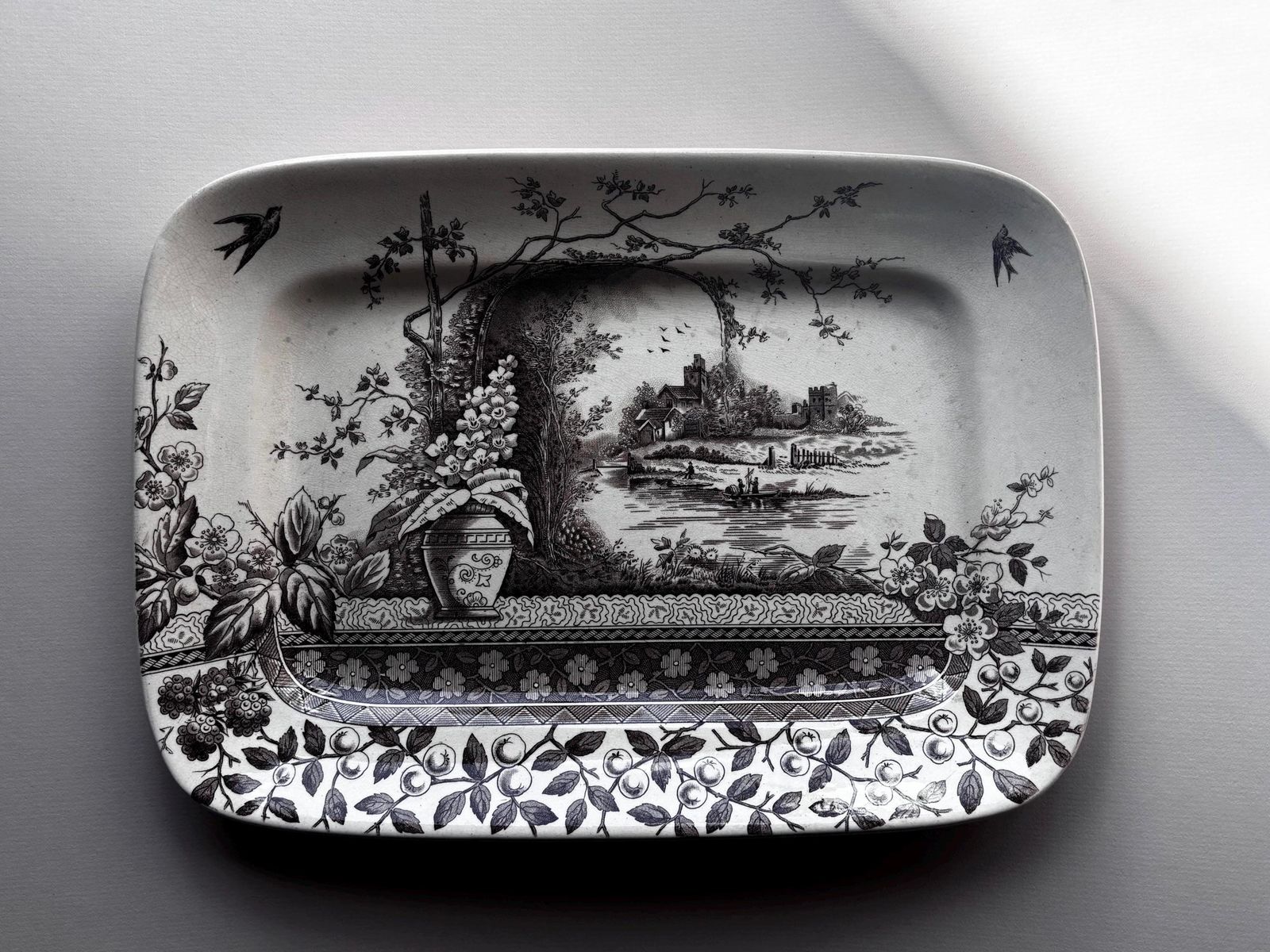 Home Decor Antique Brown Transferware Platter, Hill Pottery Rustic Serving Dish, Victorian English Ceramic Tray, Country House Decor photo