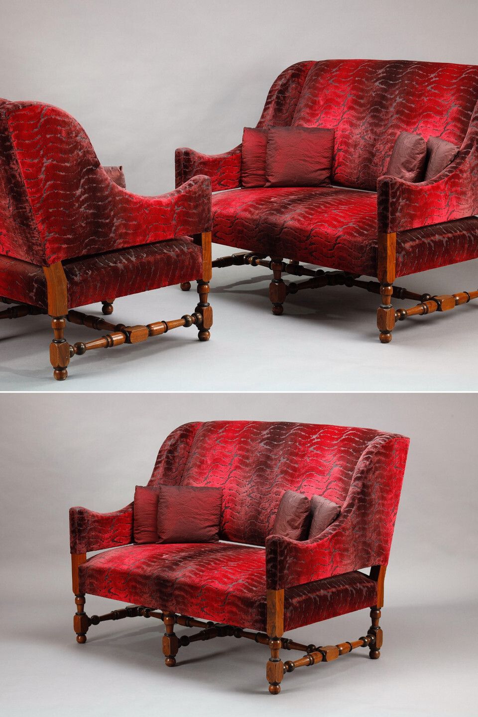 Pair Of Large Louis XIII Style Sofas In Burgundy Red Velvet