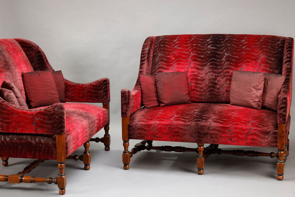 Pair Of Large Louis XIII Style Sofas In Burgundy Red Velvet photo 3904.0