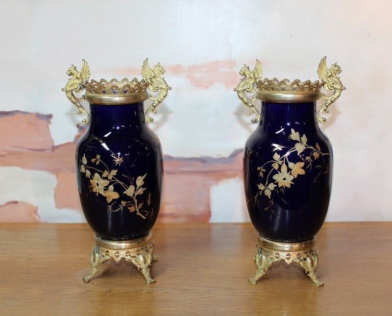 Pair Of Blue Porcelain Vases Lunéville 19th