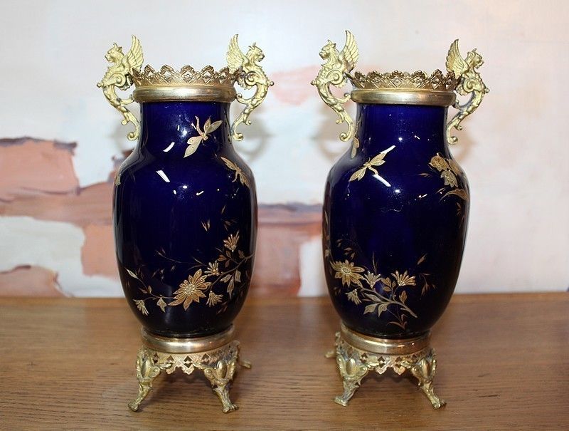 photo for sale Pair Of Blue Porcelain Vases Lunéville 19th