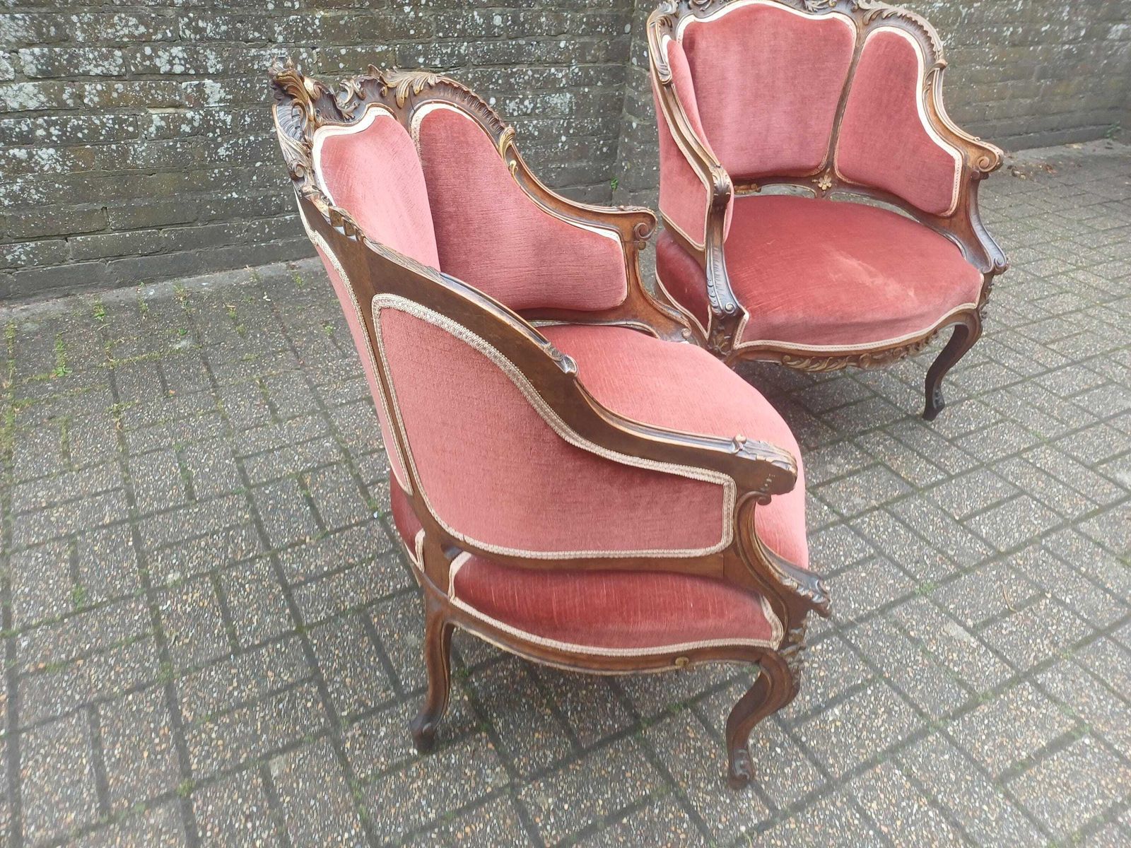 1250.0 Victorian Rococo Salon Suite Mahogany Love Seat Armchairs Chair French Louis Style Pink Velvet Antique Furniture photo