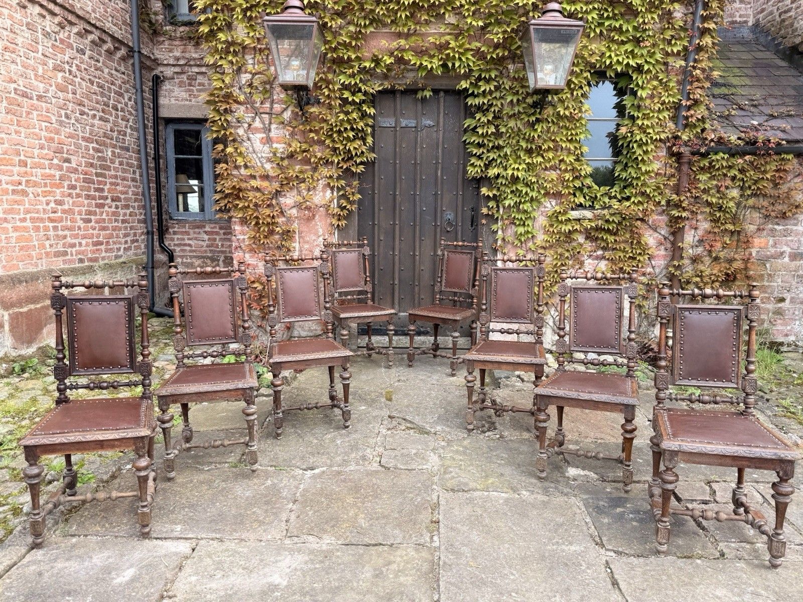 Set  8  Antique French  Oak Renaissance Revival Henri II Style Dining Chairs