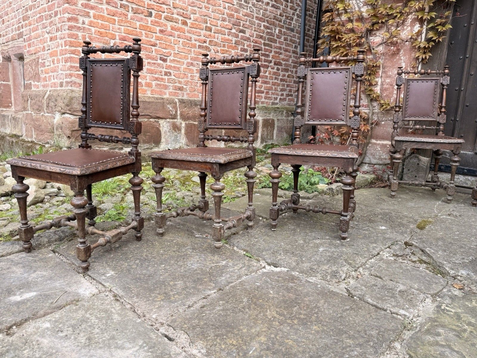 Set  8  Antique French  Oak Renaissance Revival Henri II Style Dining Chairs photo vintage
