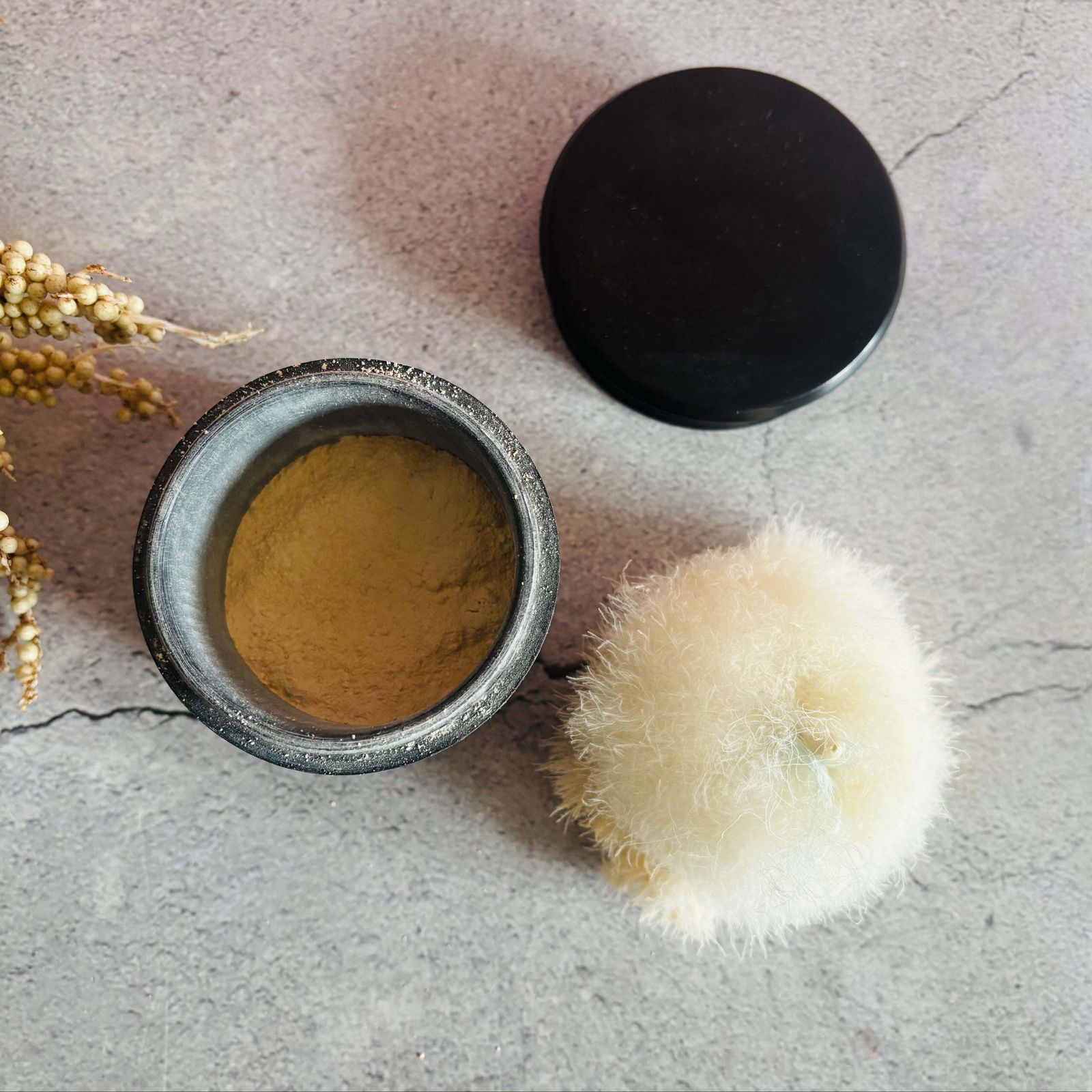 Antique Ebony Powder Pot & Swan Down Puff photo vintage