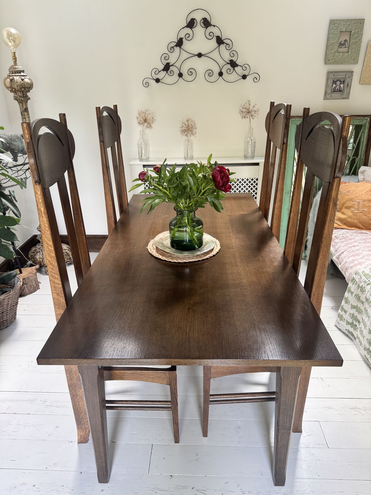 Set Of Four Oak Dining Chairs And 6ft X 3 Ft Oak Dining Table Produced Under Licence By Freud Limited London To A Design By Charles Rennie Mackintosh